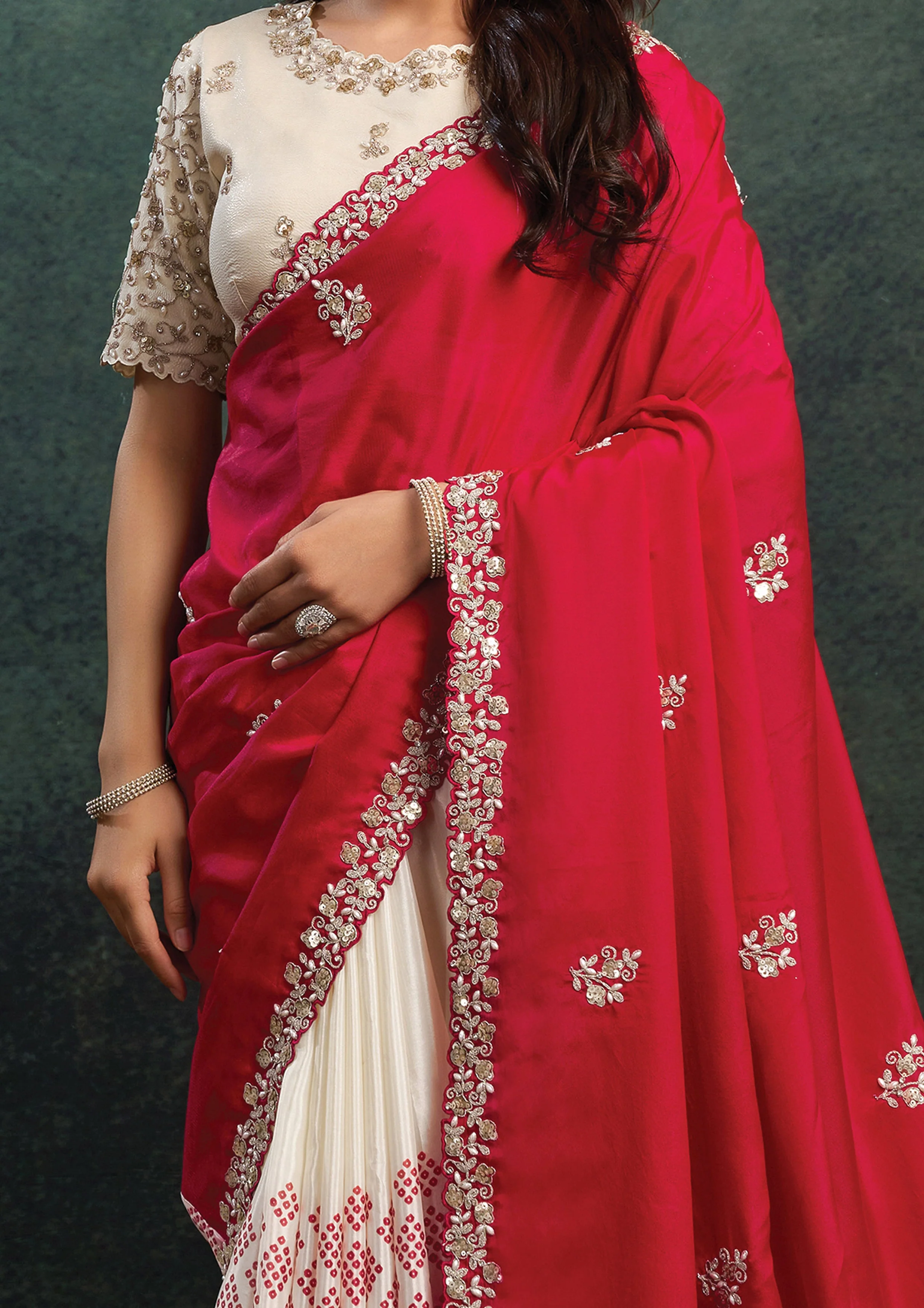 Crimson Pearl Embellished Satin Silk Saree - Image 7