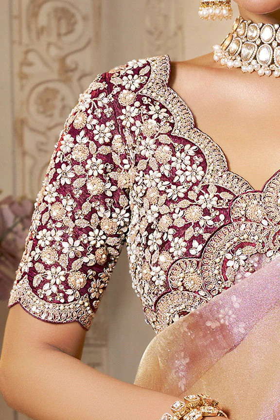 Dusty Rose Embellished Organza Silk Saree - Image 3