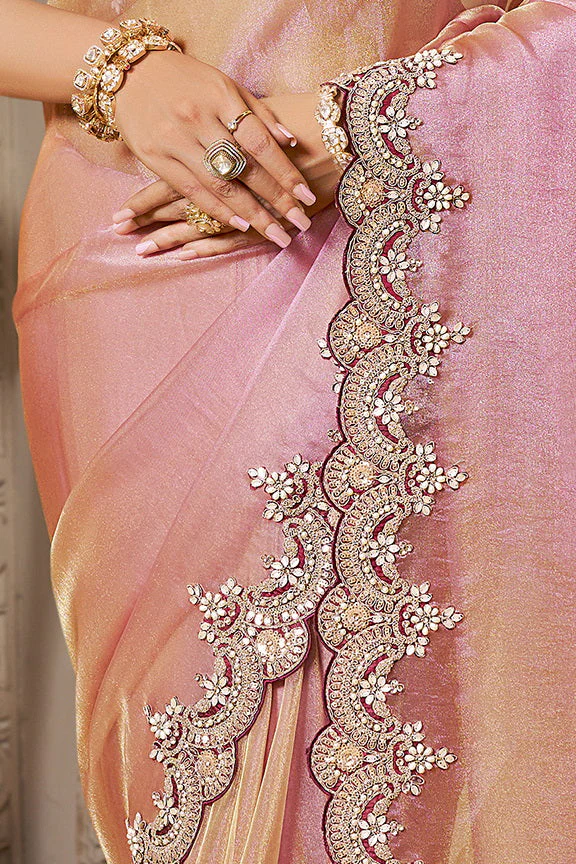 Dusty Rose Embellished Organza Silk Saree - Image 4