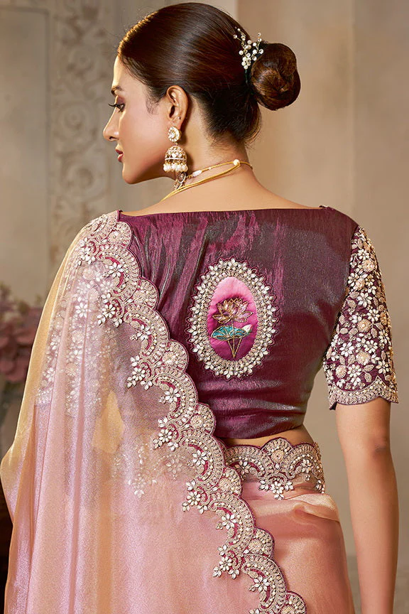 Dusty Rose Embellished Organza Silk Saree - Image 6
