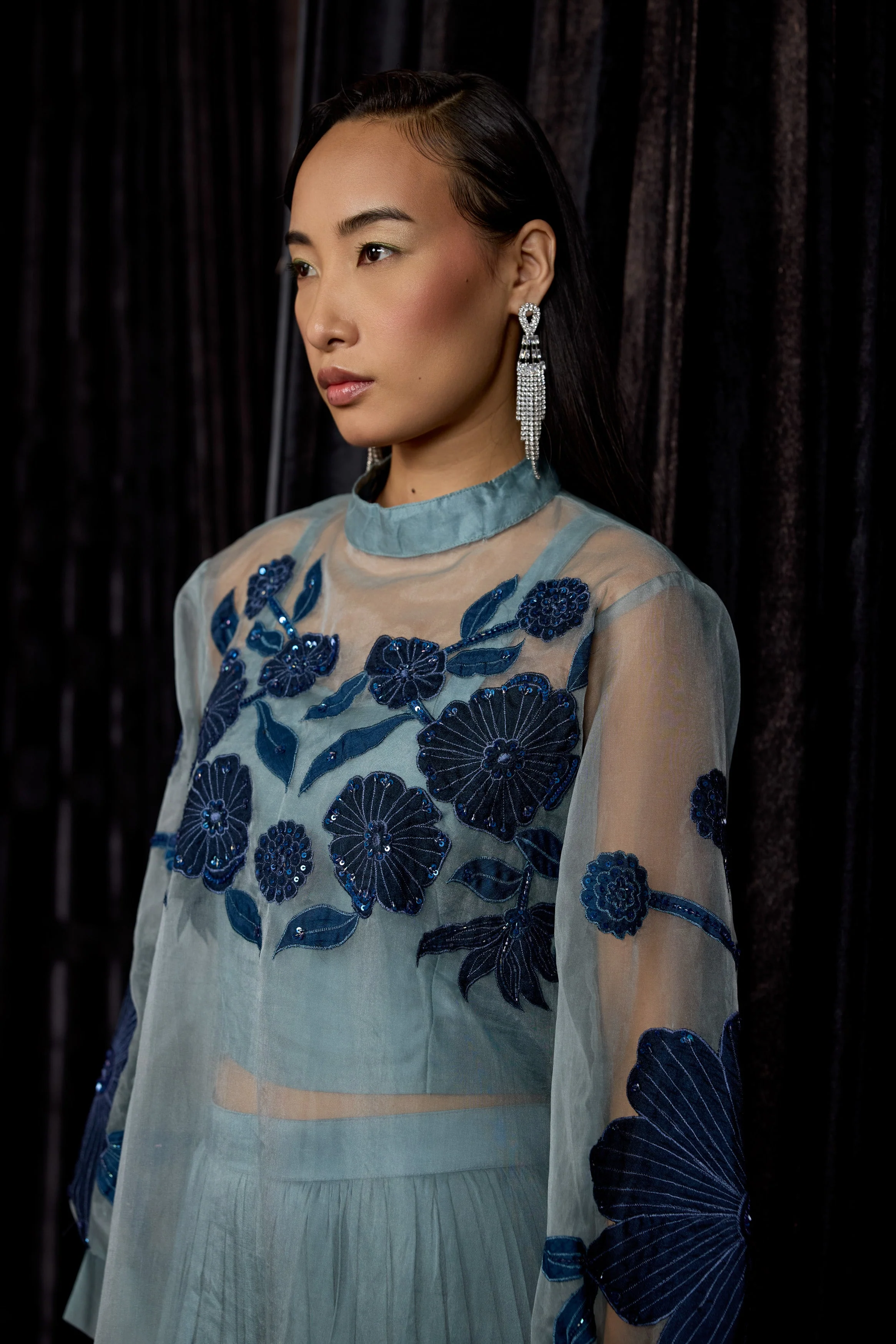 Dusty Teal Embellished Organza Silk Skirt Set - Image 2
