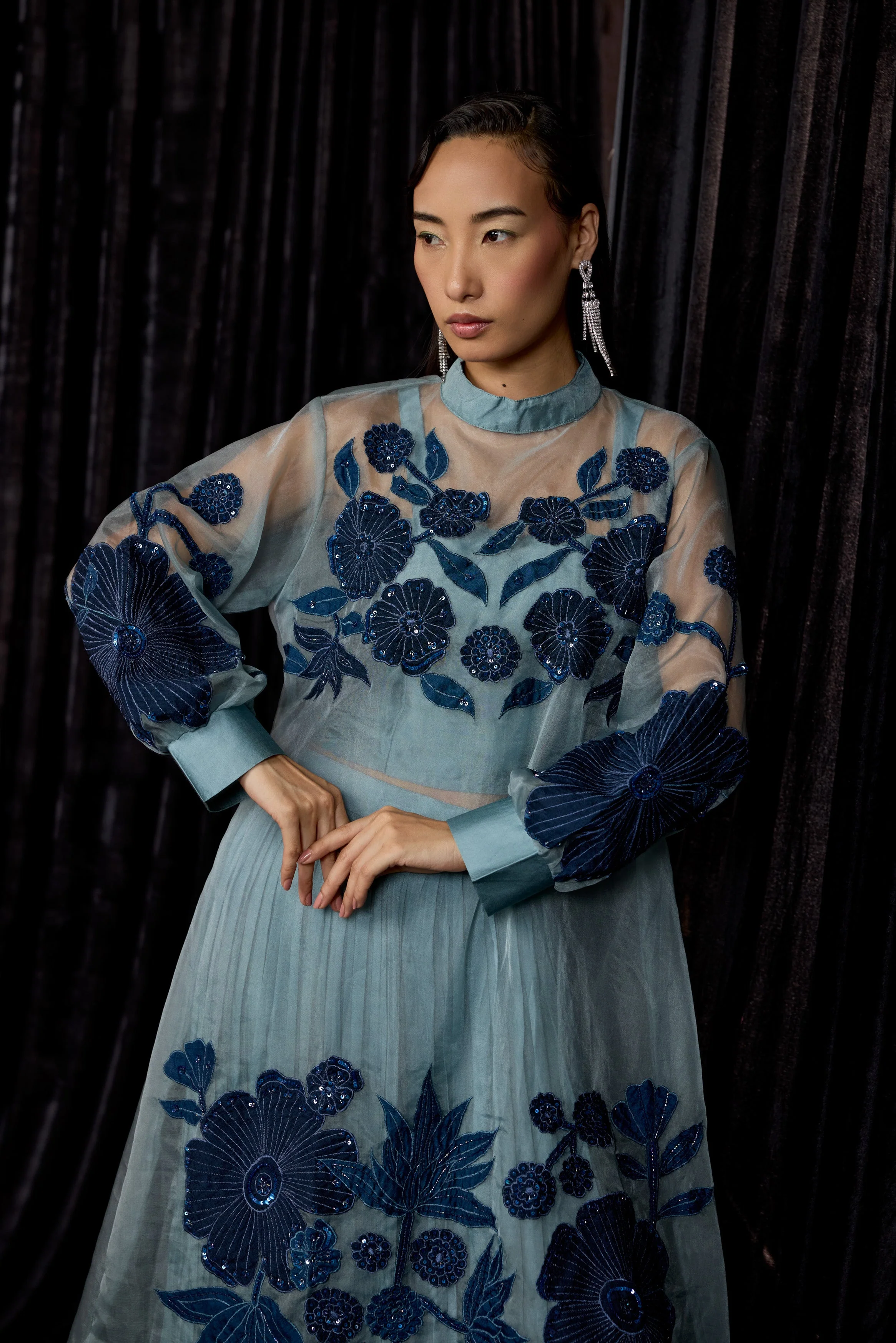 Dusty Teal Embellished Organza Silk Skirt Set - Image 3