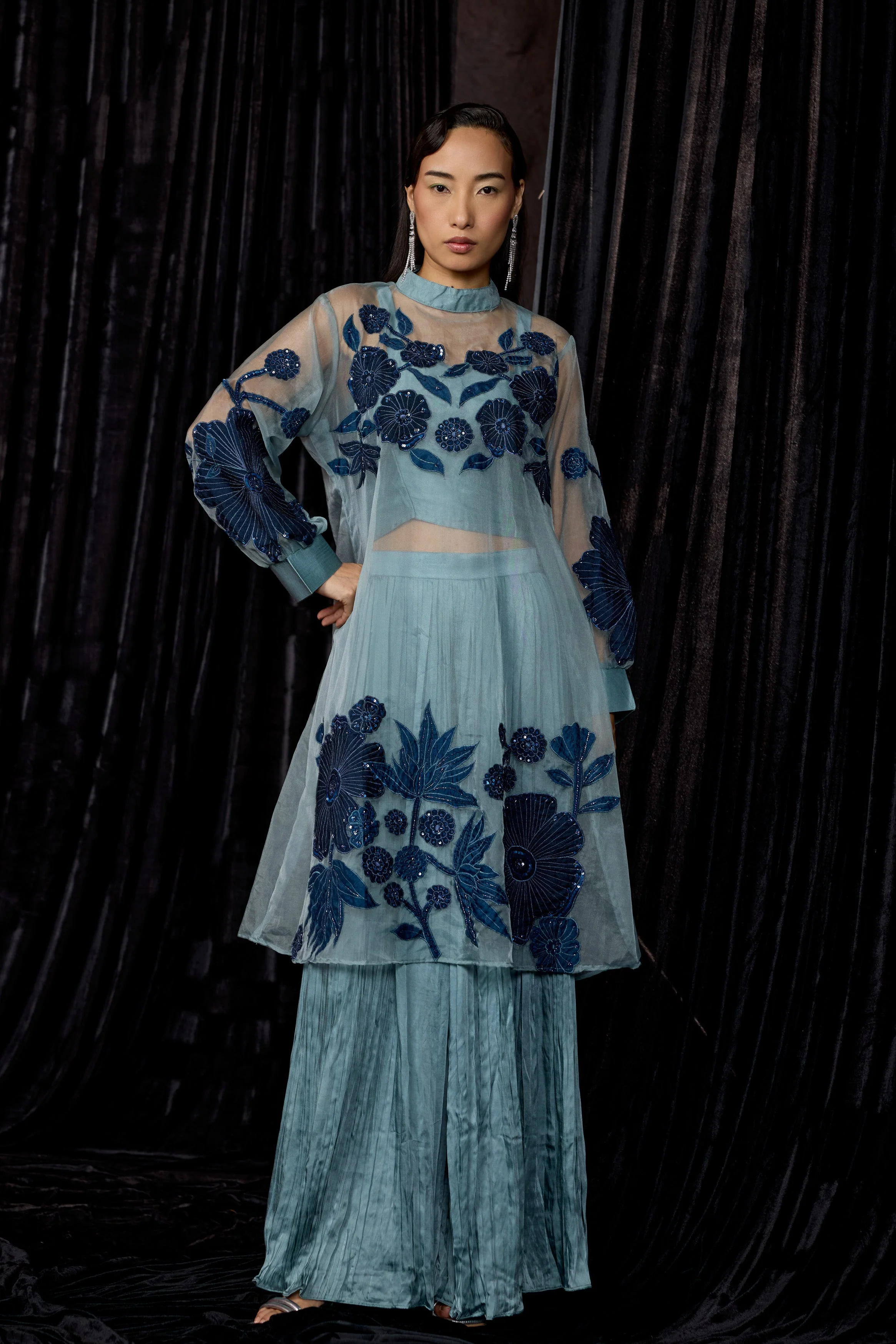 Dusty Teal Embellished Organza Silk Skirt Set - Image 4