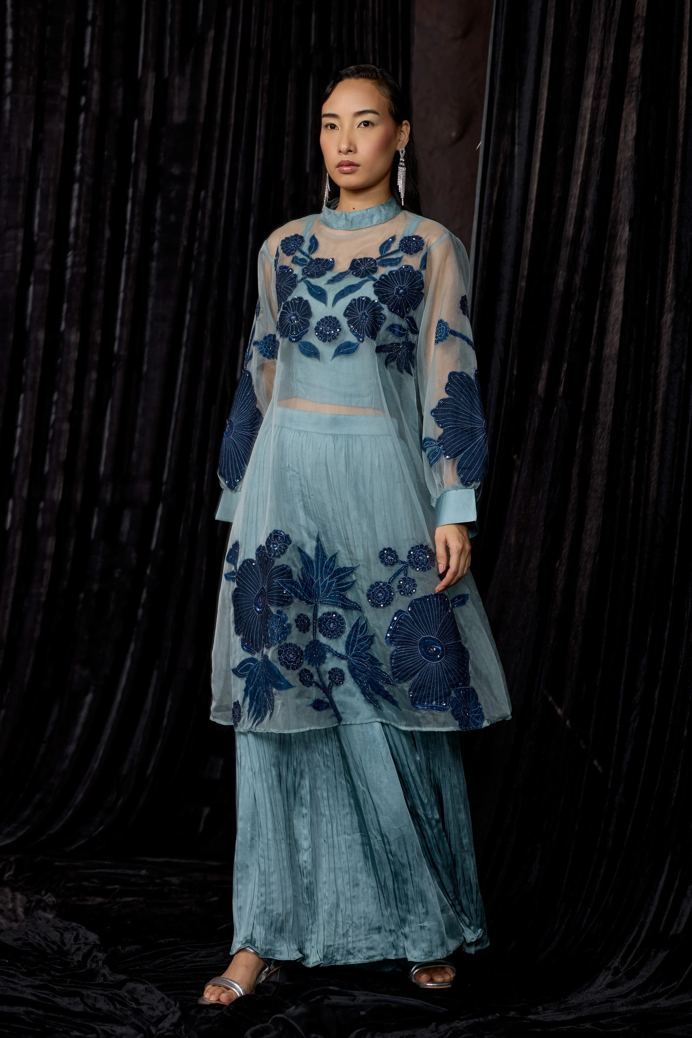 Dusty Teal Embellished Organza Silk Skirt Set - Image 5