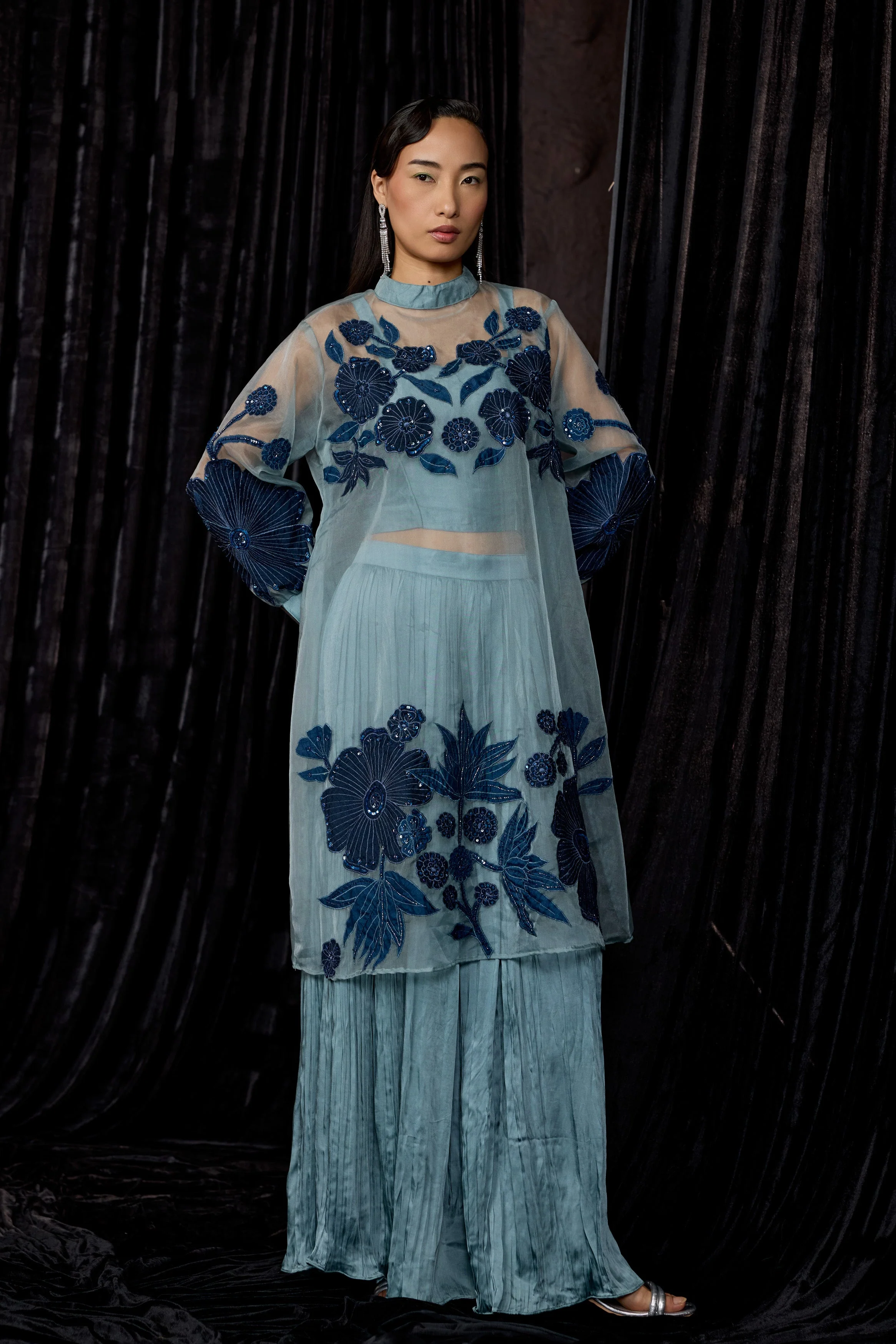 Dusty Teal Embellished Organza Silk Skirt Set - Image 6