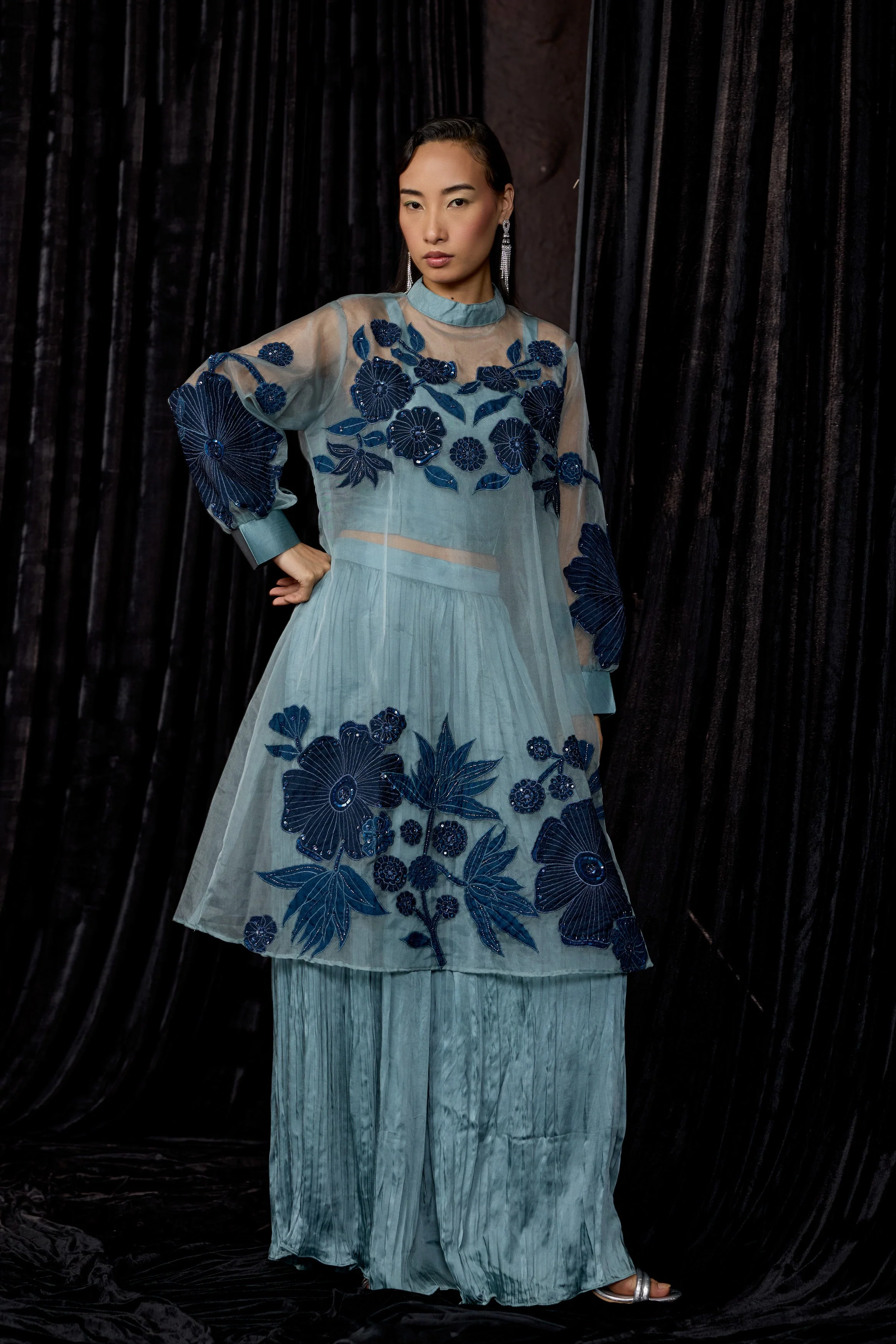 Dusty Teal Embellished Organza Silk Skirt Set - Image 7