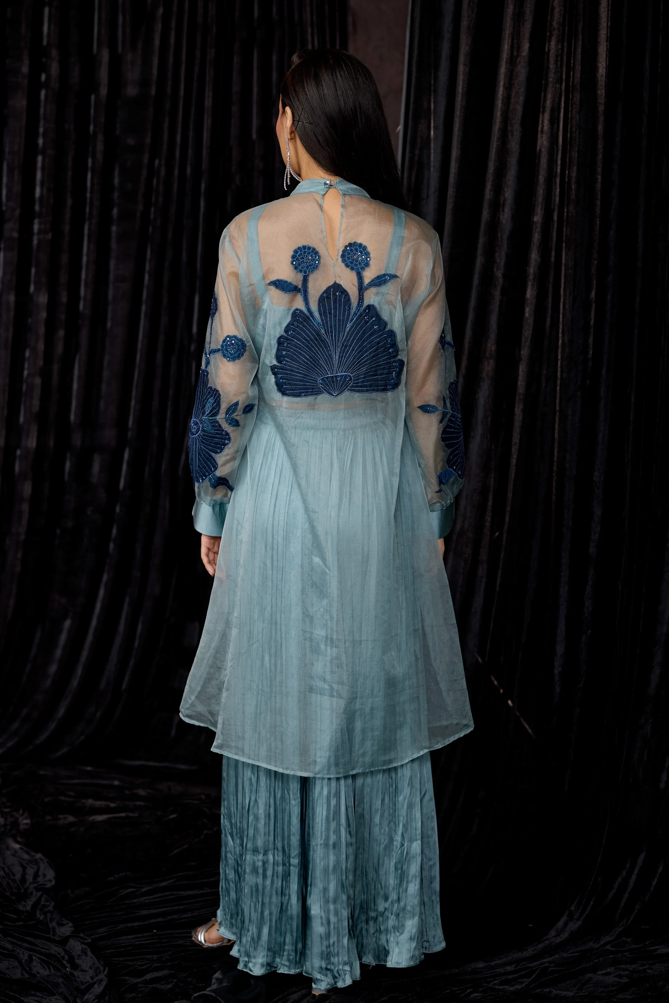 Dusty Teal Embellished Organza Silk Skirt Set - Image 8