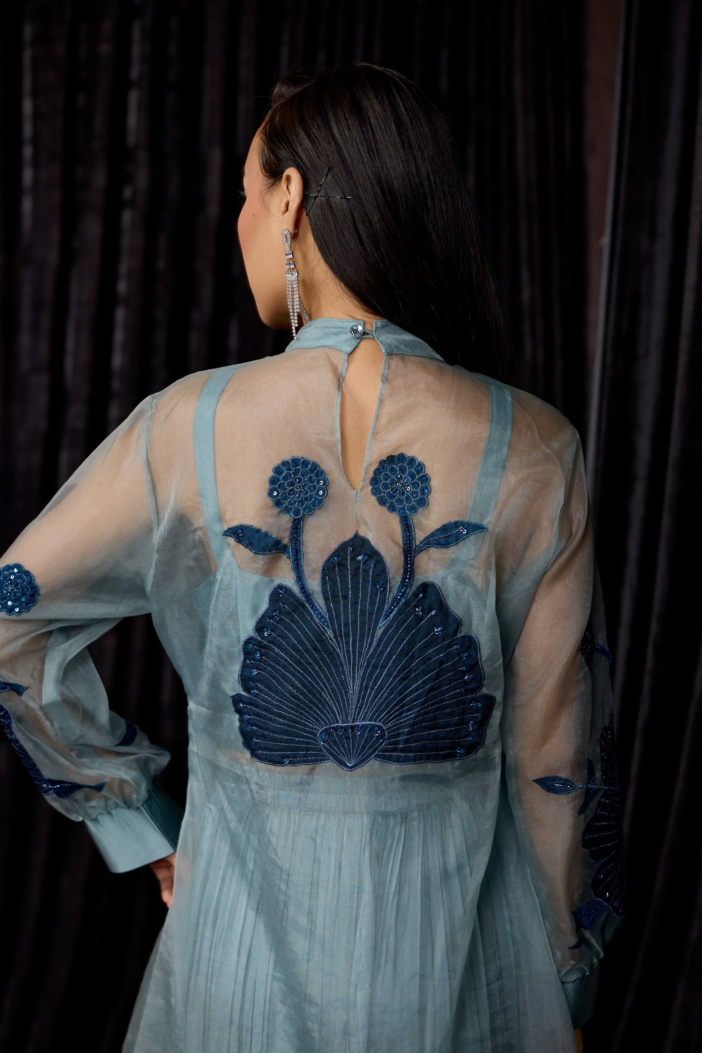 Dusty Teal Embellished Organza Silk Skirt Set - Image 9