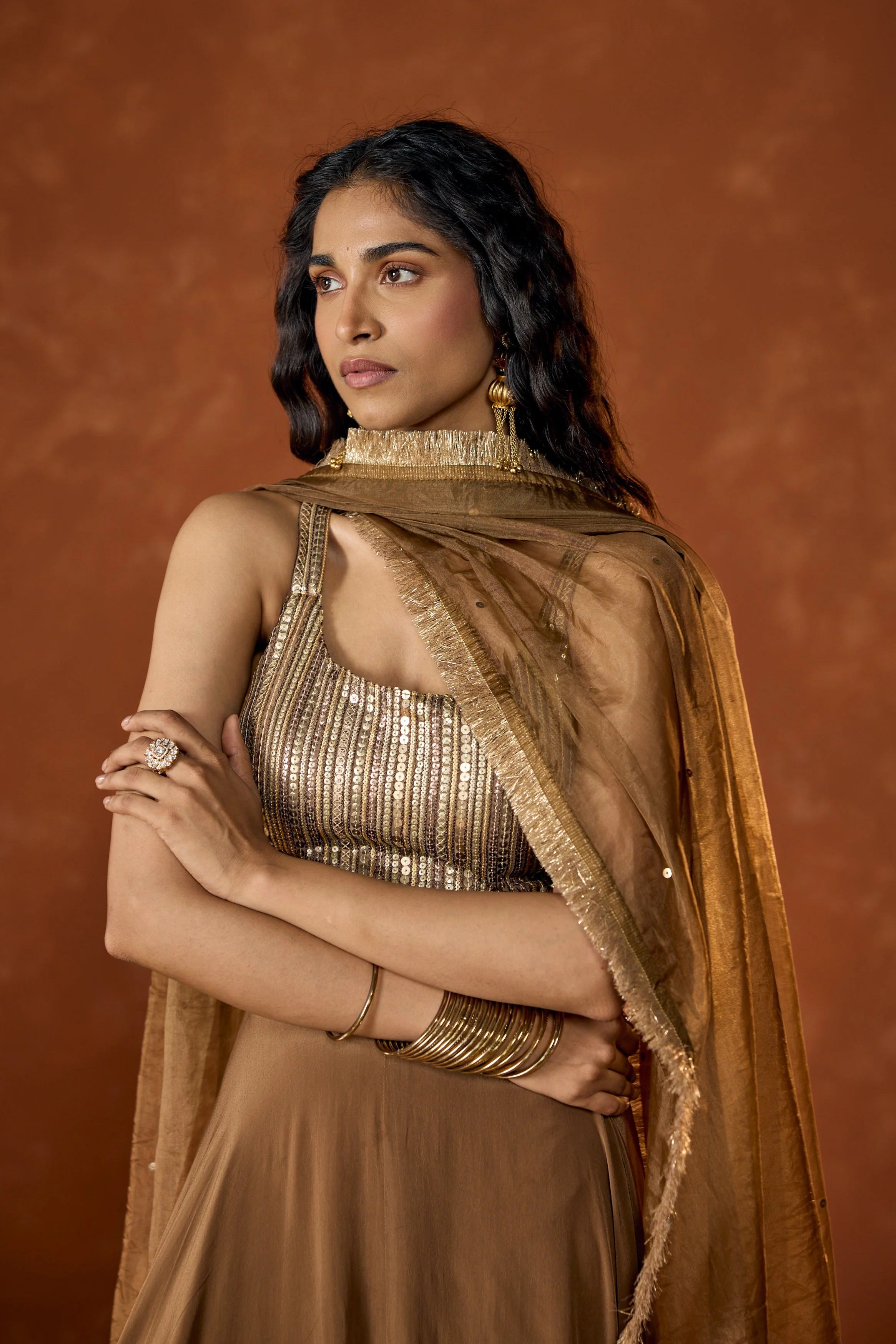 Caramel Gold Embellished Crepe Silk Anarkali Set - Image 2