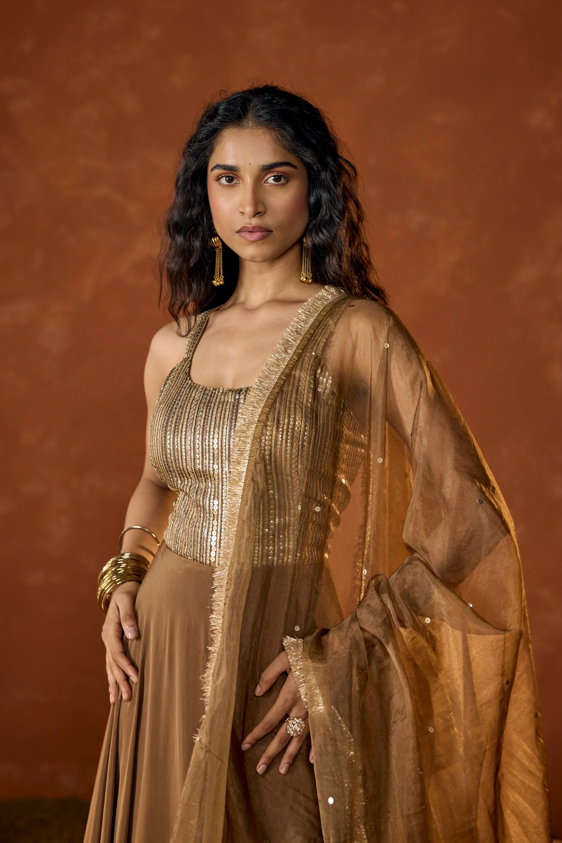 Caramel Gold Embellished Crepe Silk Anarkali Set - Image 3