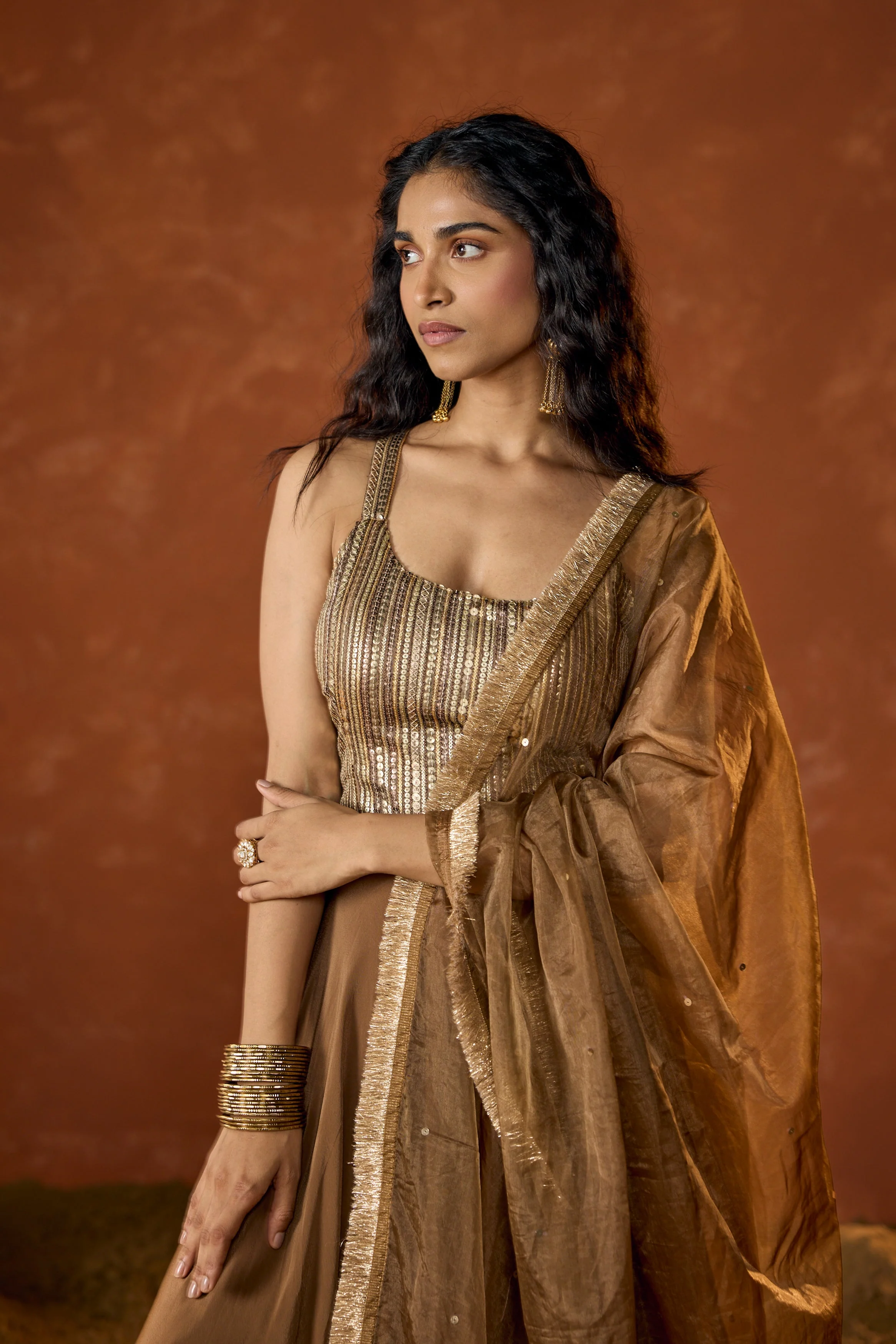 Caramel Gold Embellished Crepe Silk Anarkali Set - Image 4