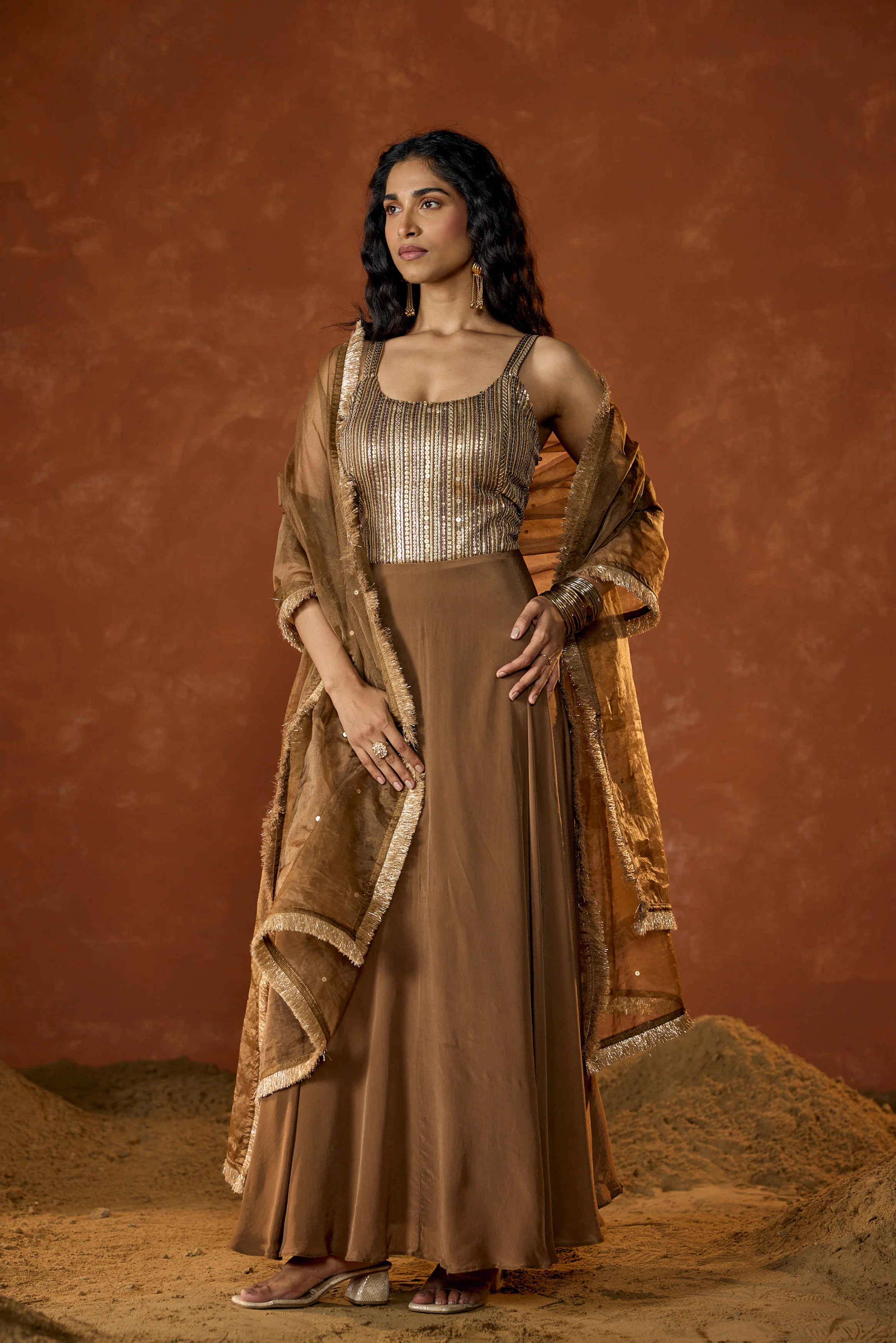 Caramel Gold Embellished Crepe Silk Anarkali Set - Image 5
