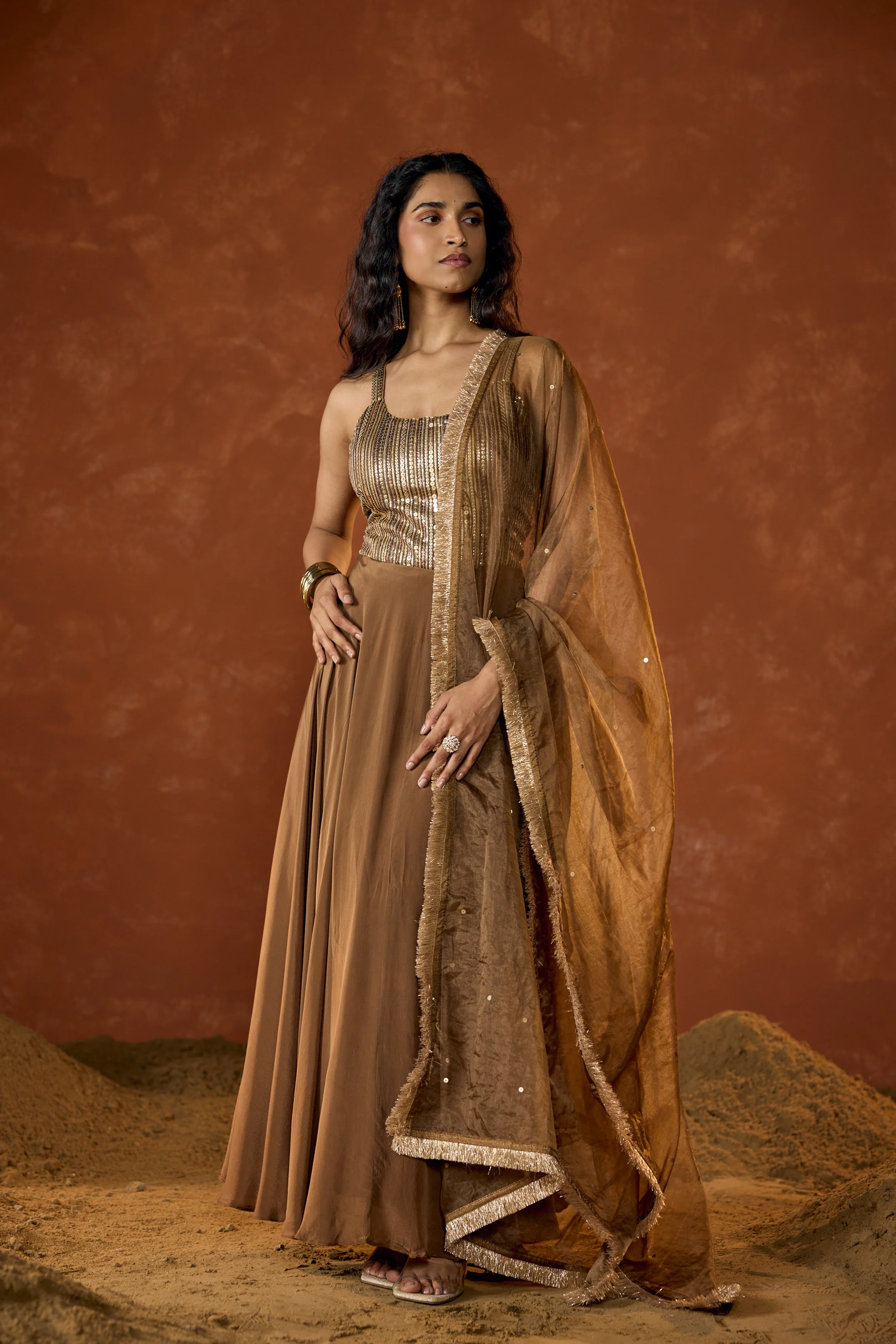 Caramel Gold Embellished Crepe Silk Anarkali Set - Image 6