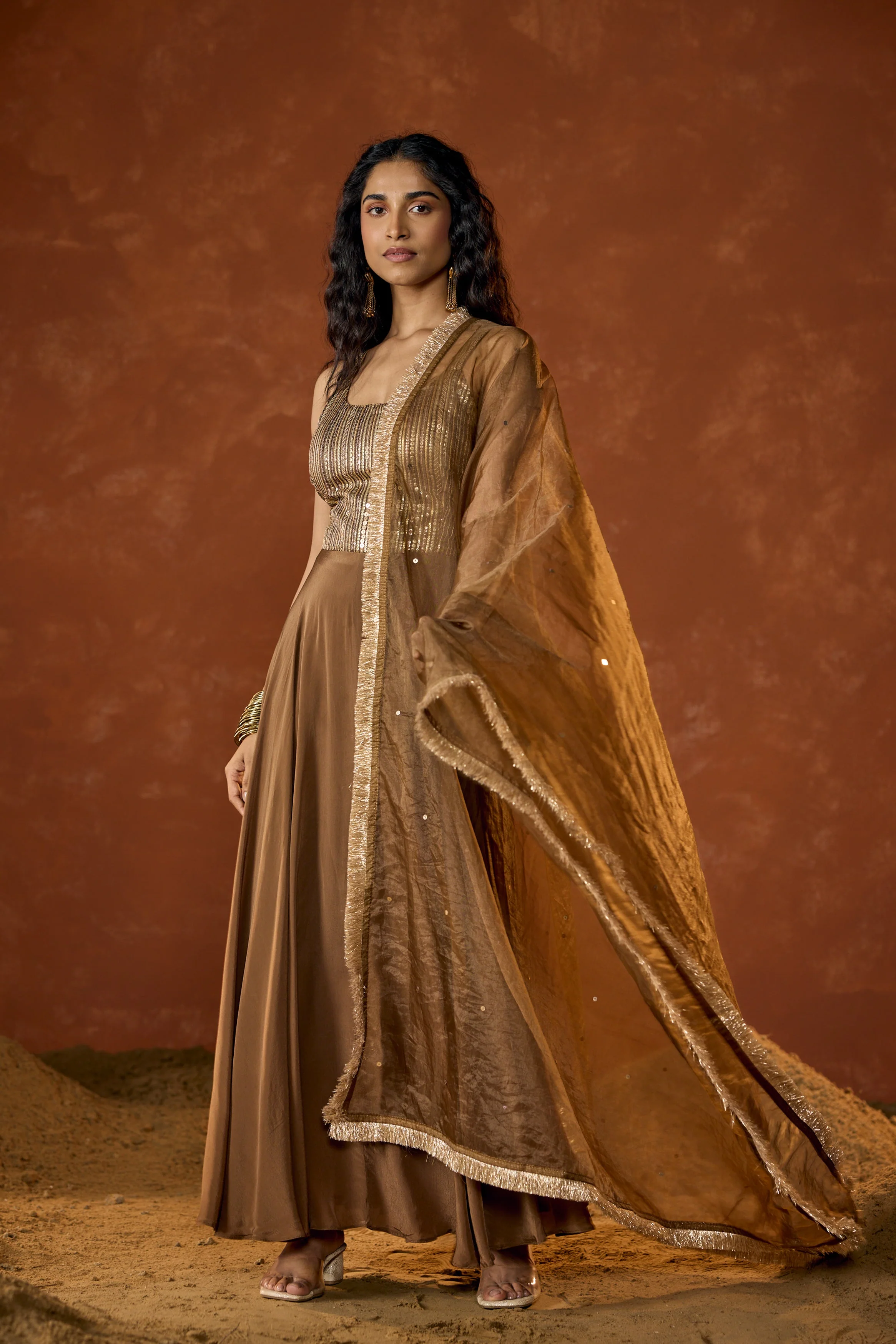 Caramel Gold Embellished Crepe Silk Anarkali Set - Image 7