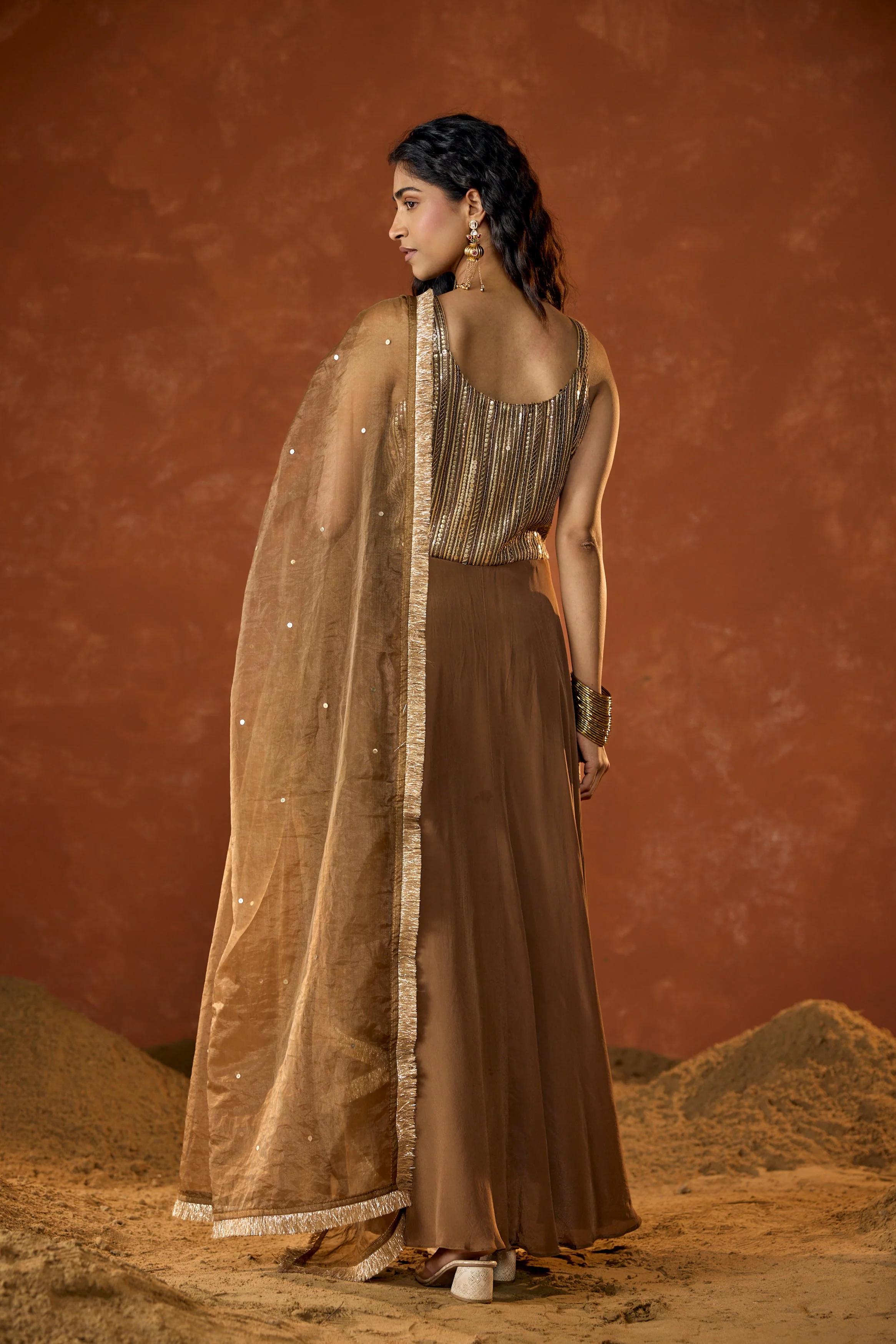 Caramel Gold Embellished Crepe Silk Anarkali Set - Image 8
