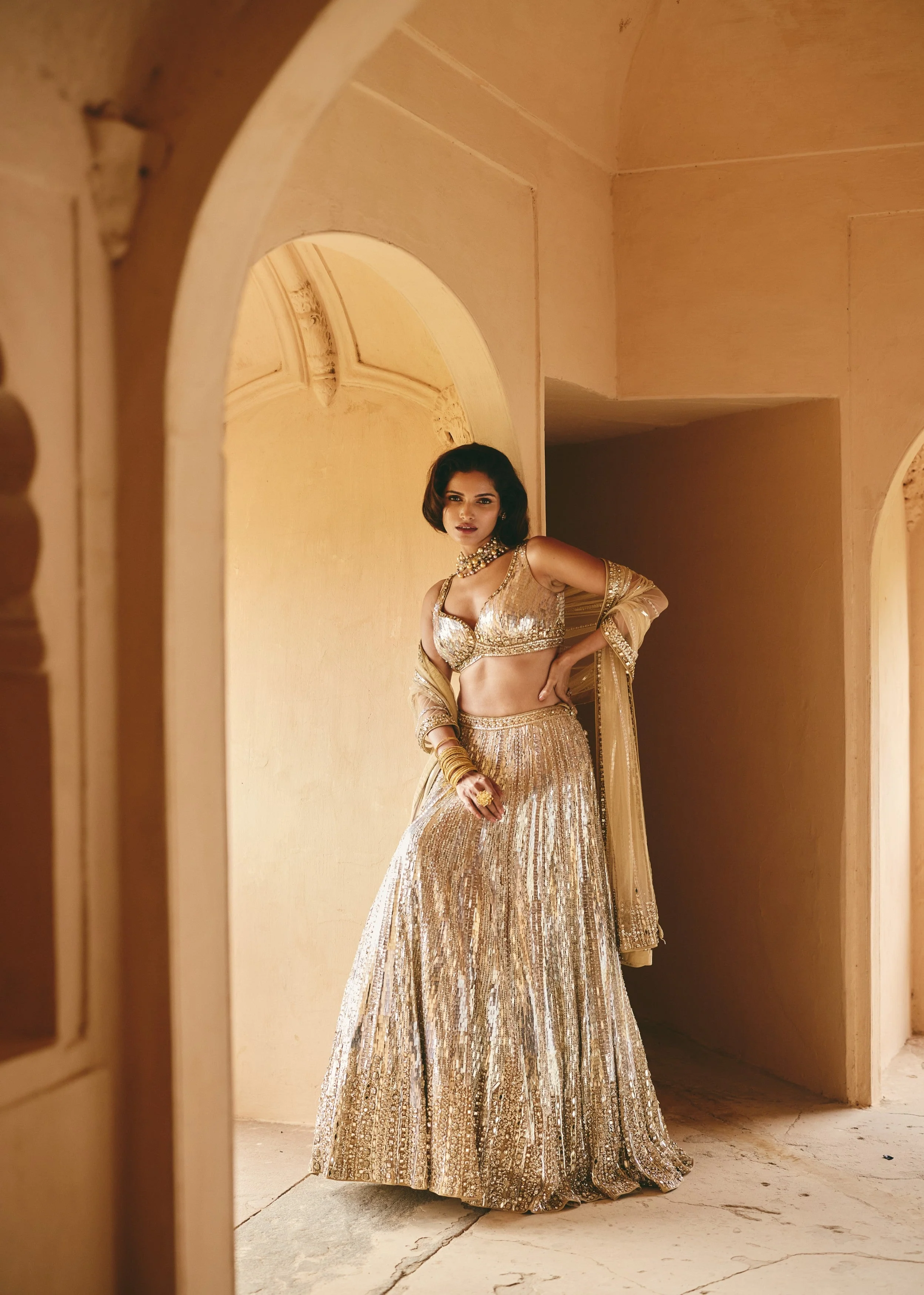 Champagne Gold Dazzling Premium Net Lehenga Set