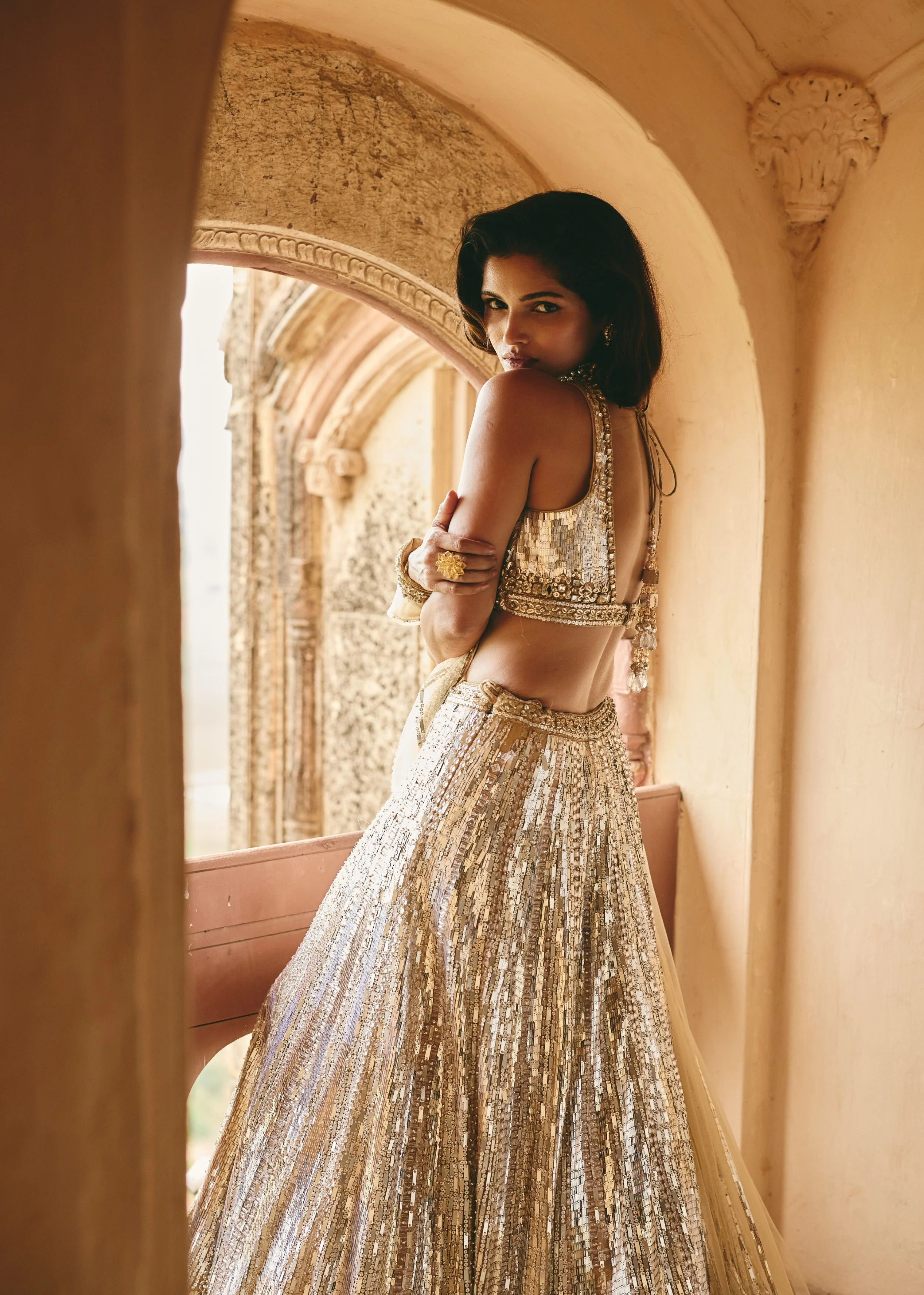 Champagne Gold Dazzling Premium Net Lehenga Set - Image 4