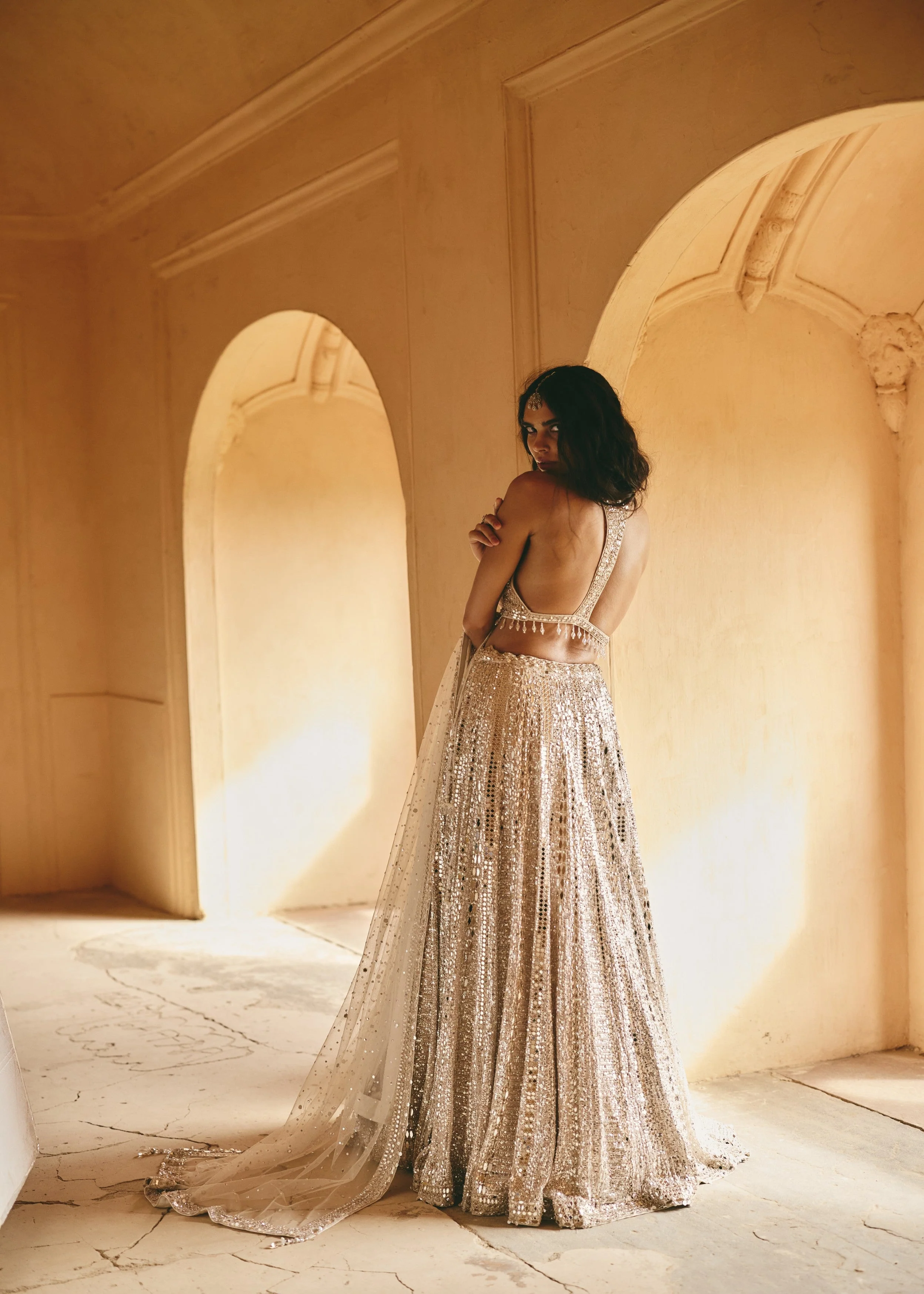 Champagne Gold Dazzling Premium Net Lehenga Set - Image 6