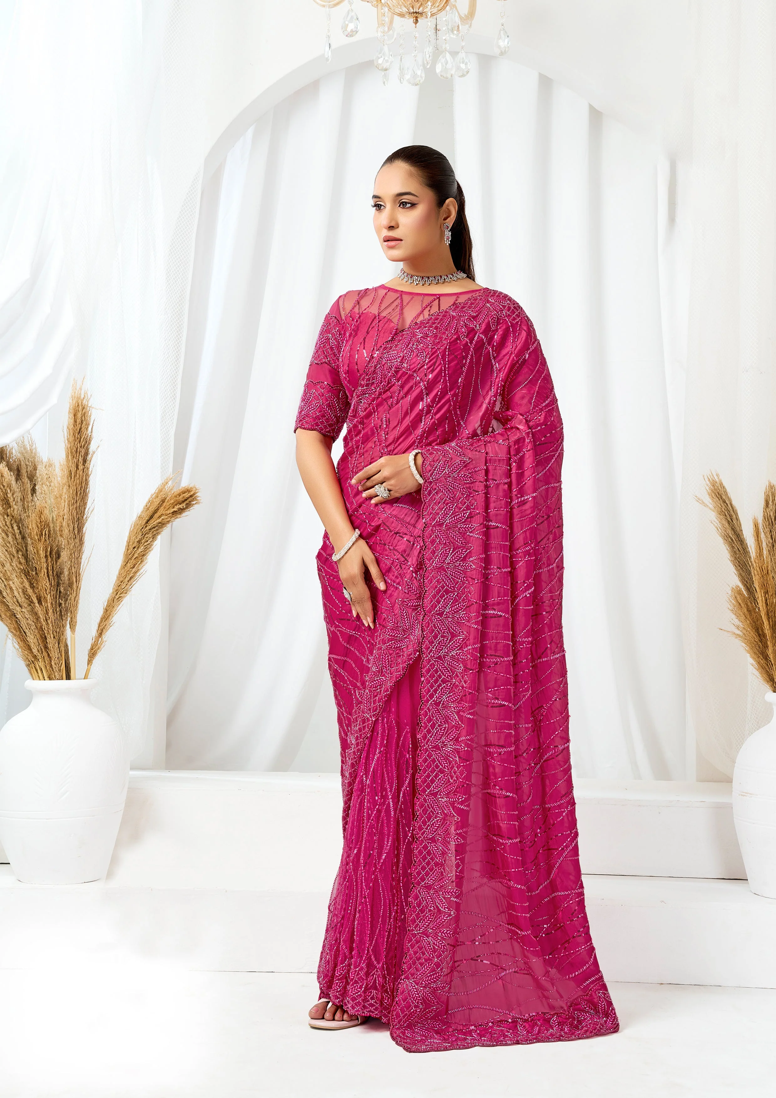 Radiant Fuchsia Embellished Crystal Satin Saree