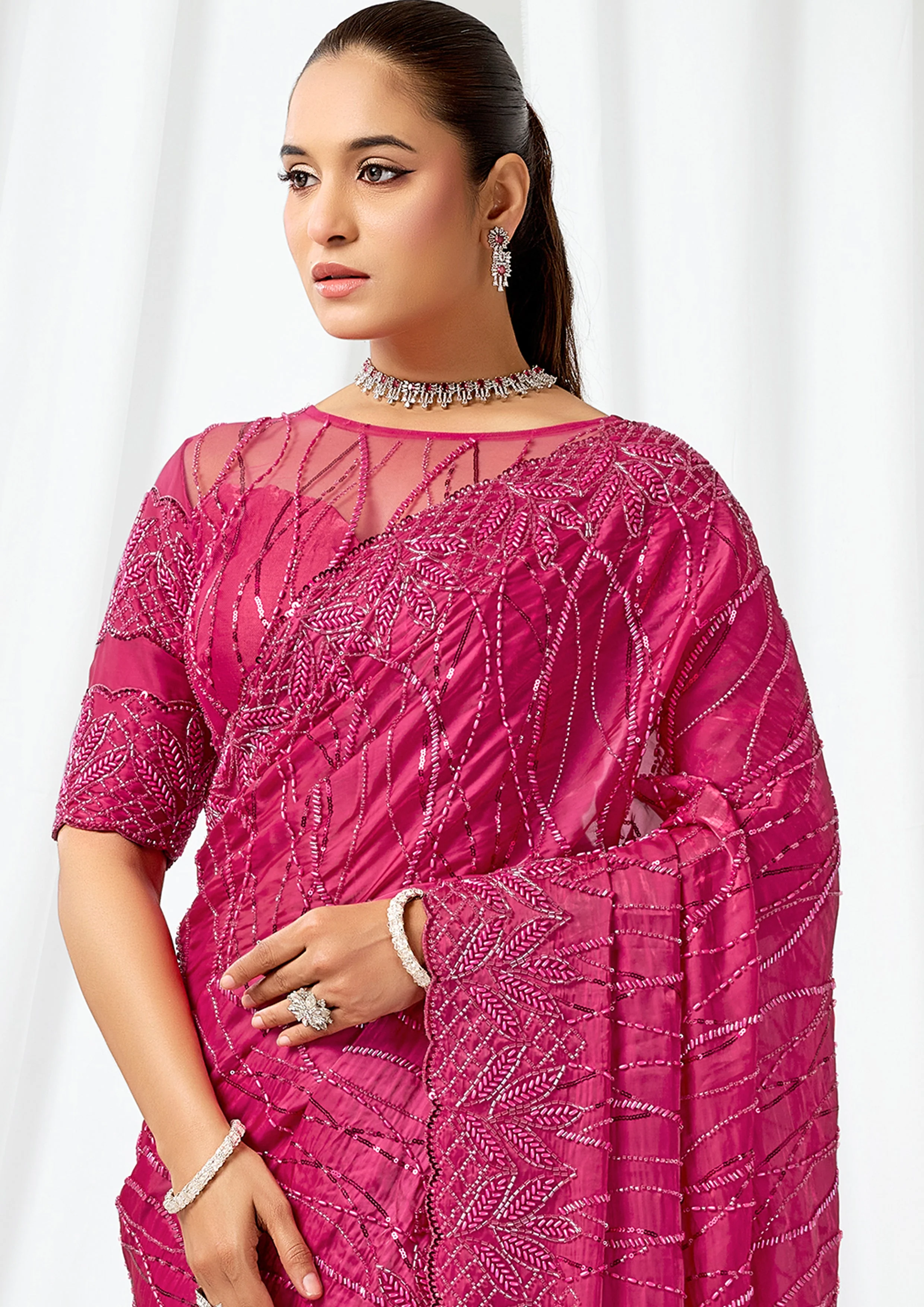Radiant Fuchsia Embellished Crystal Satin Saree - Image 3