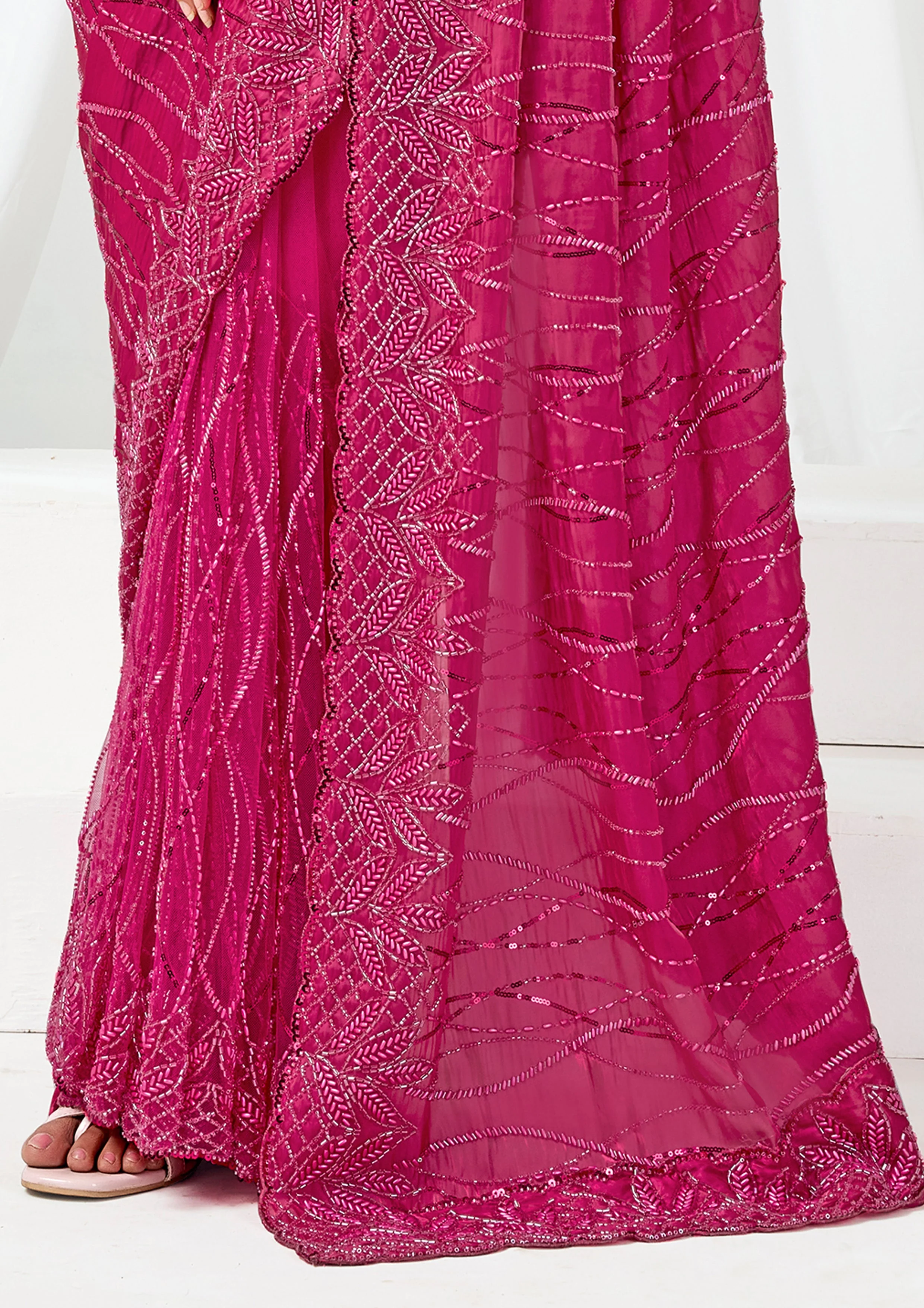 Radiant Fuchsia Embellished Crystal Satin Saree - Image 4