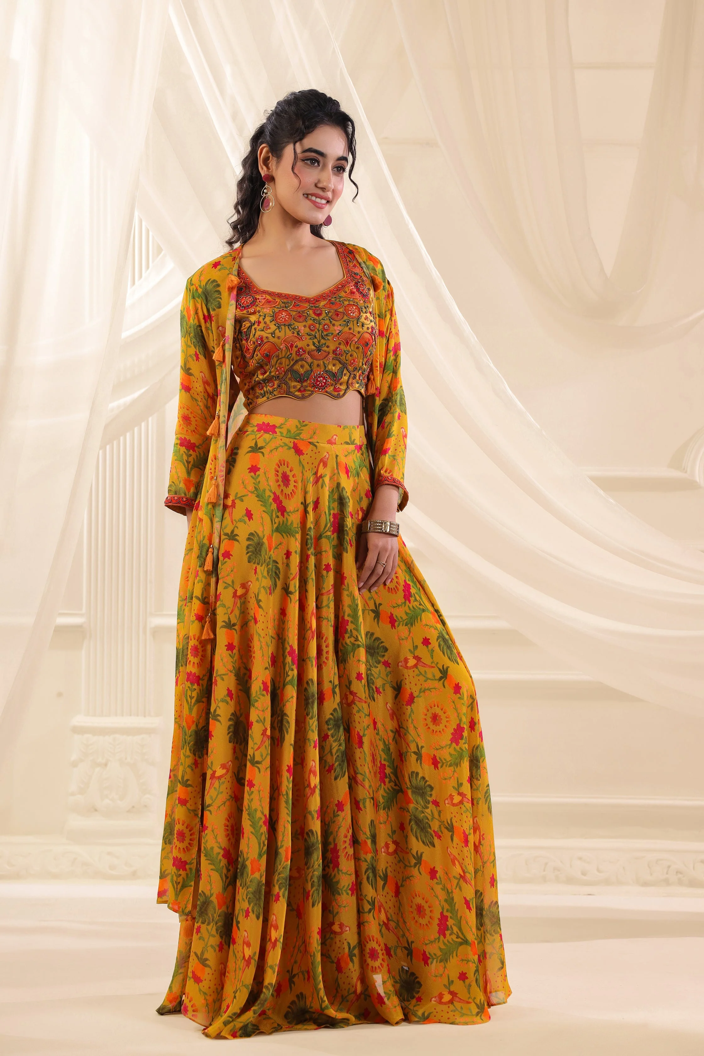 Saffron Meadow Embellished Chinon Silk Cape Set - Image 3