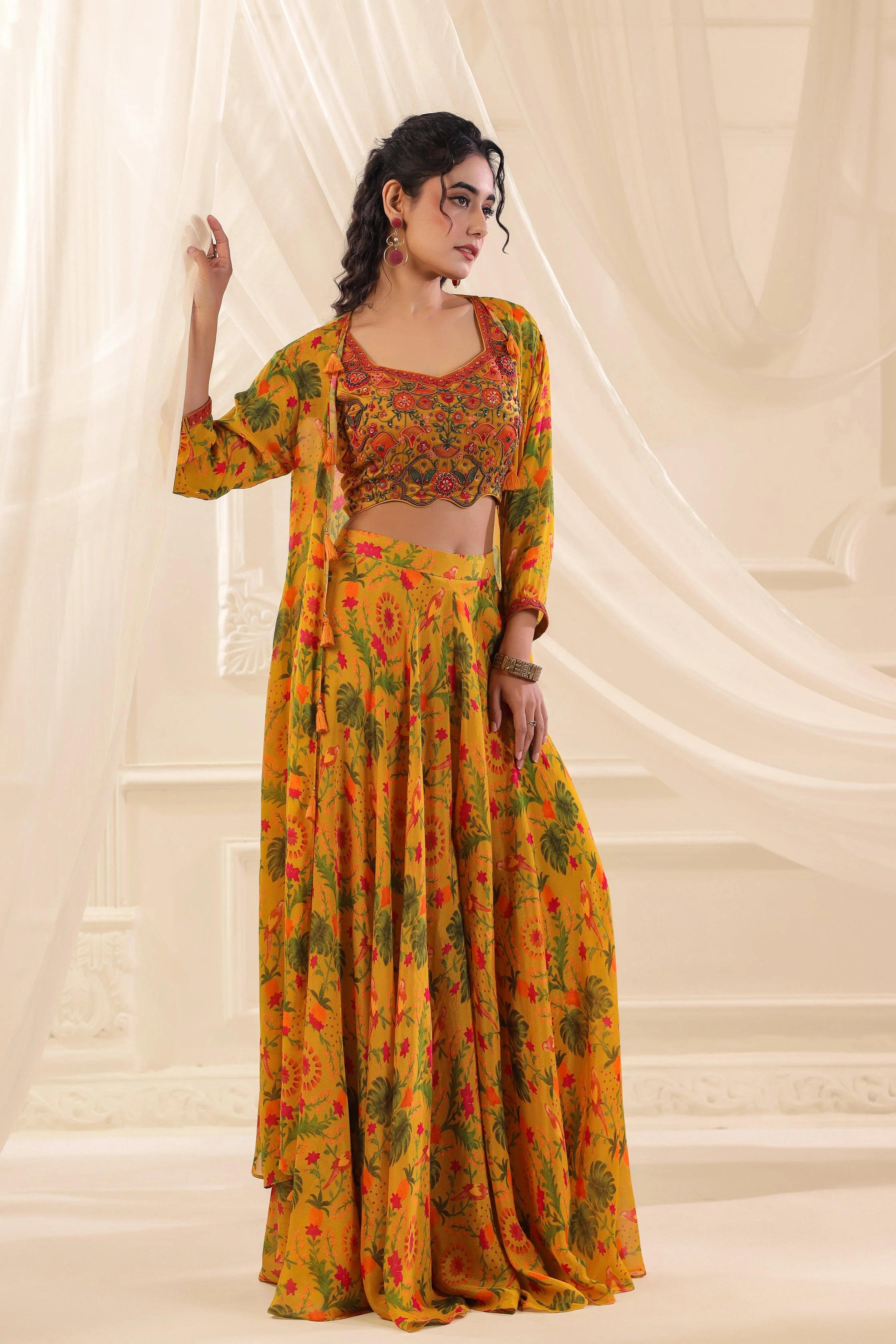 Saffron Meadow Embellished Chinon Silk Cape Set - Image 4