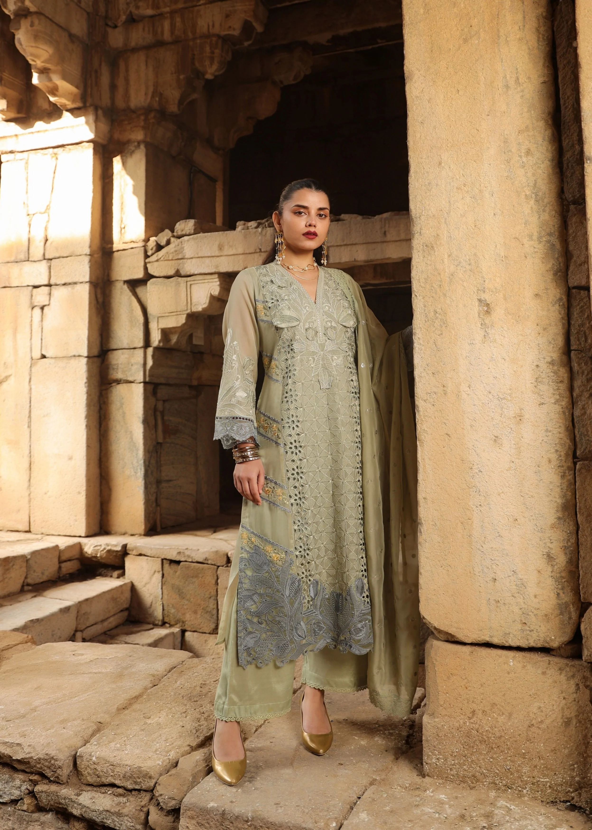 Sage Green Embellished Soft Organza Silk Pant Set - Image 2