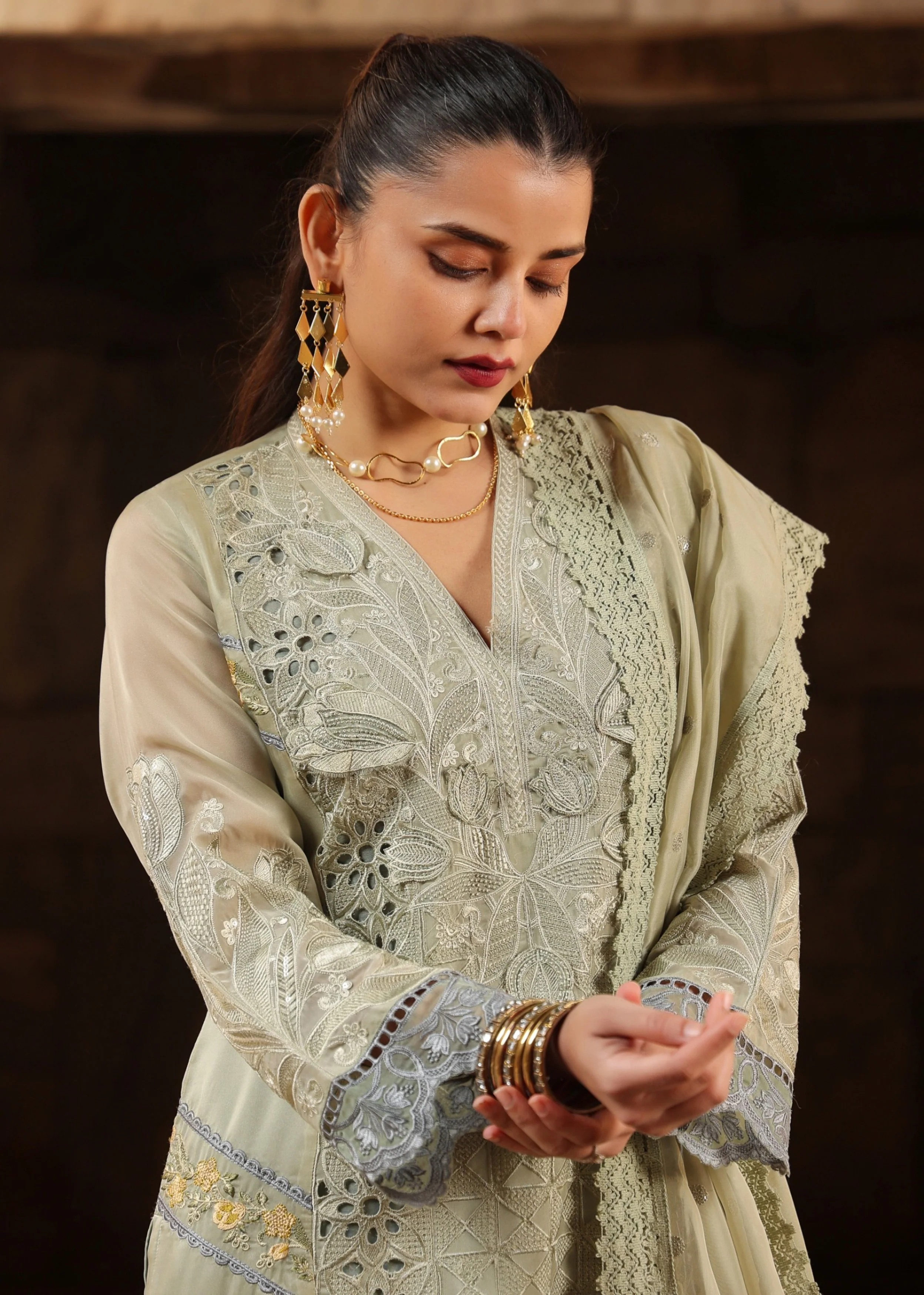 Sage Green Embellished Soft Organza Silk Pant Set - Image 3