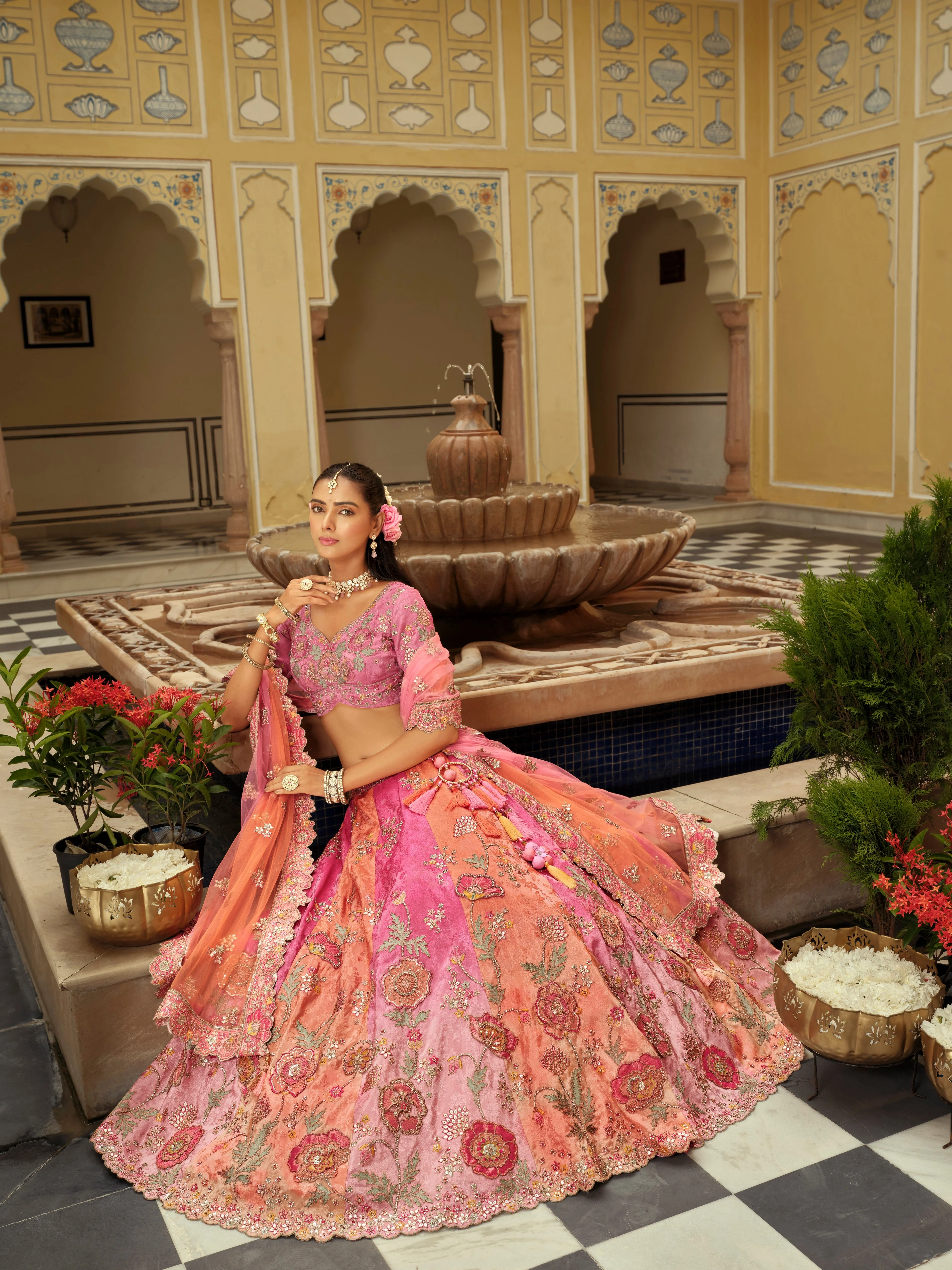 Pink & Orange Embellished Premium Silk Lehenga Set - Image 2