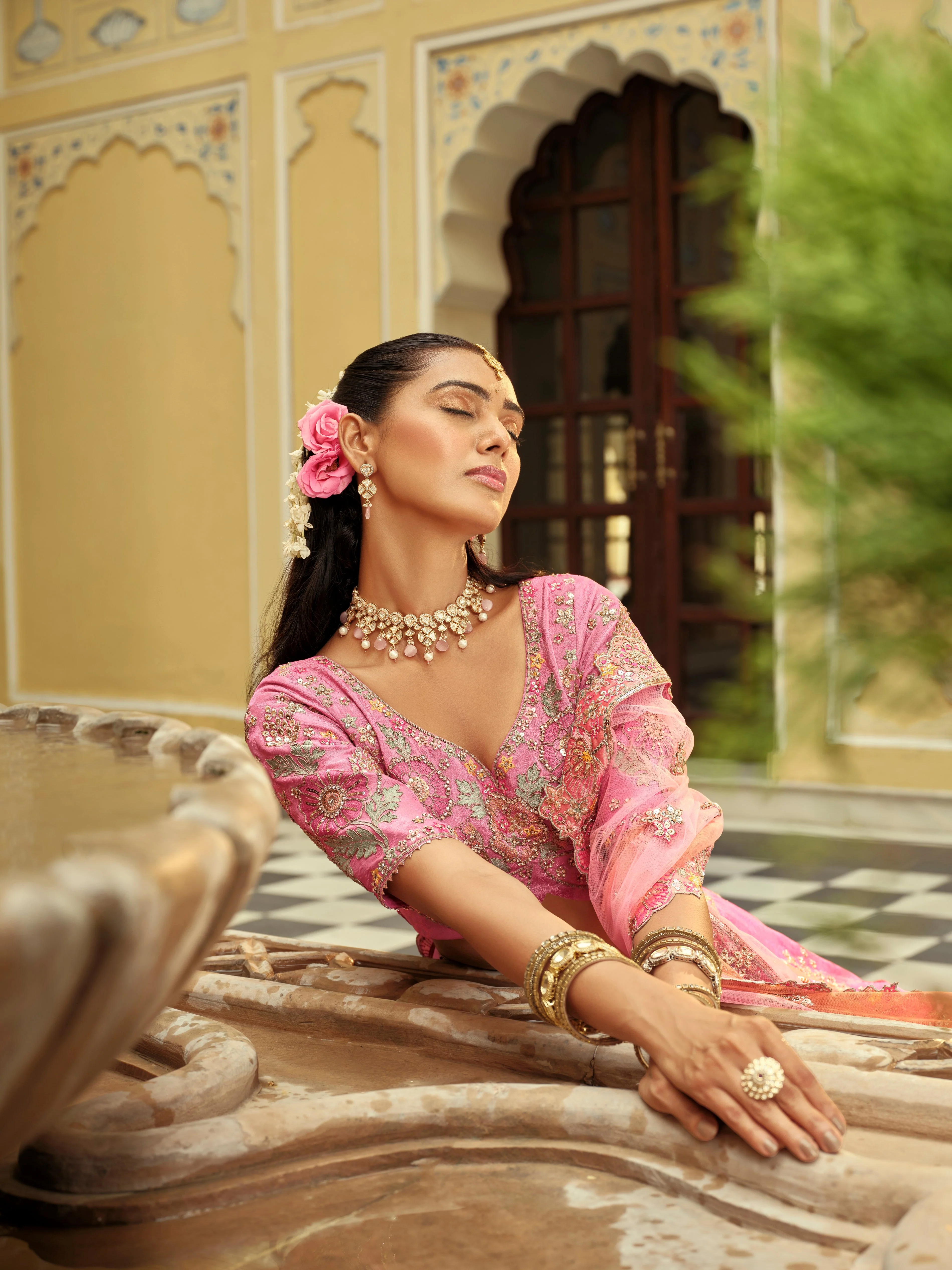 Pink & Orange Embellished Premium Silk Lehenga Set - Image 3