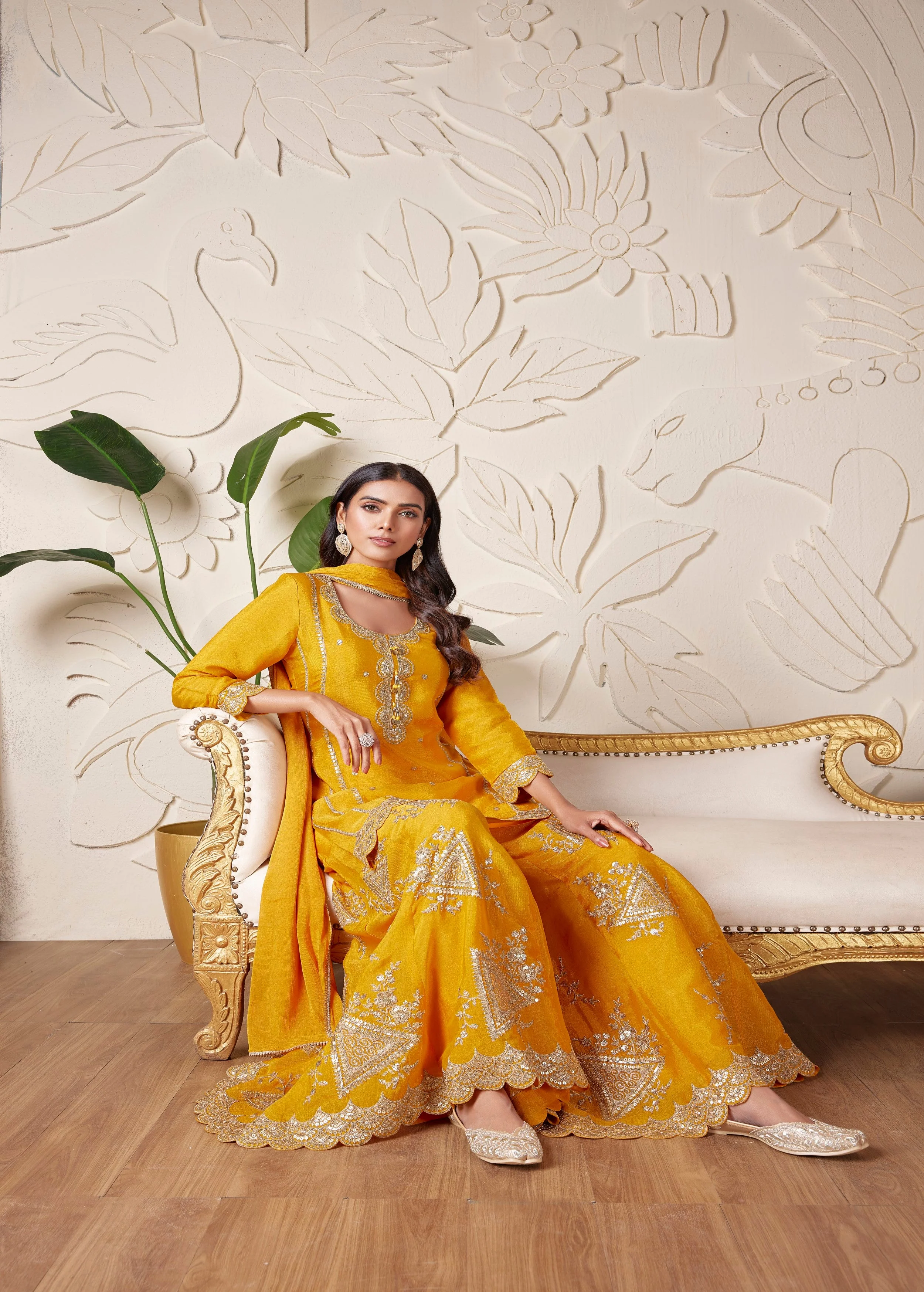 Marigold Yellow Embellished Premium Silk Palazzo Set - Image 3