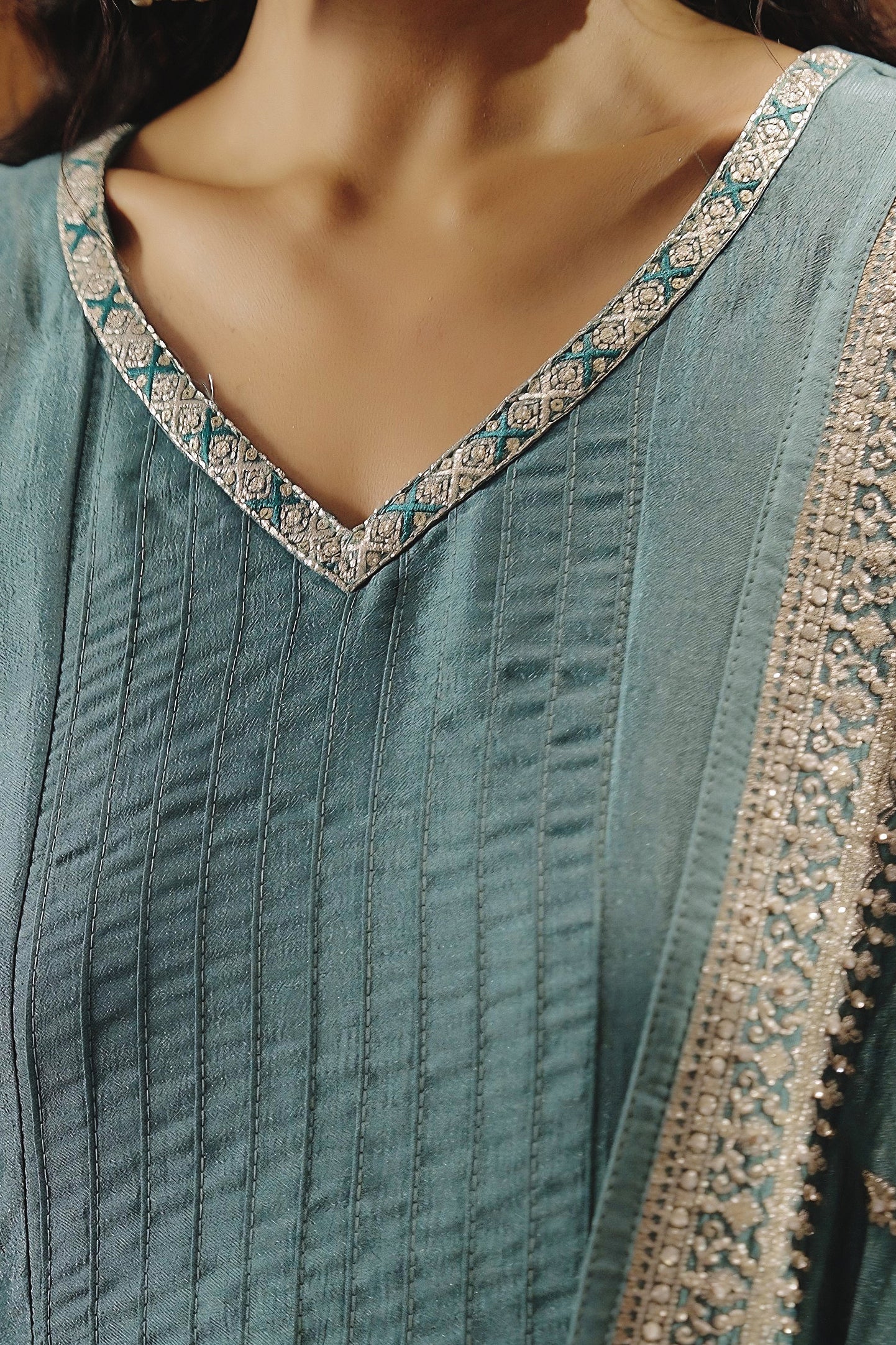 Slate Blue Embellished Premium Silk Pant Set - Image 2