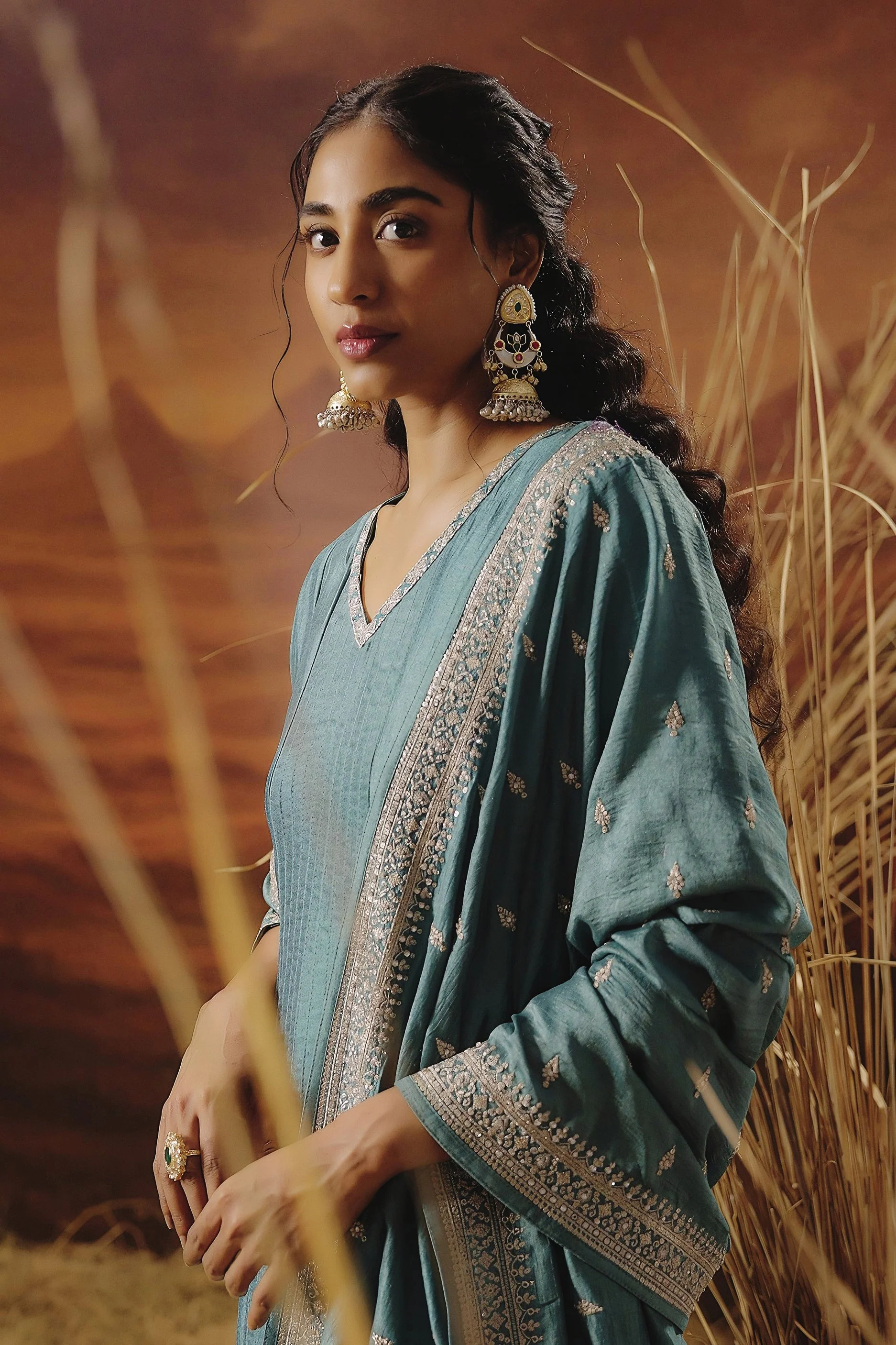 Slate Blue Embellished Premium Silk Pant Set - Image 3