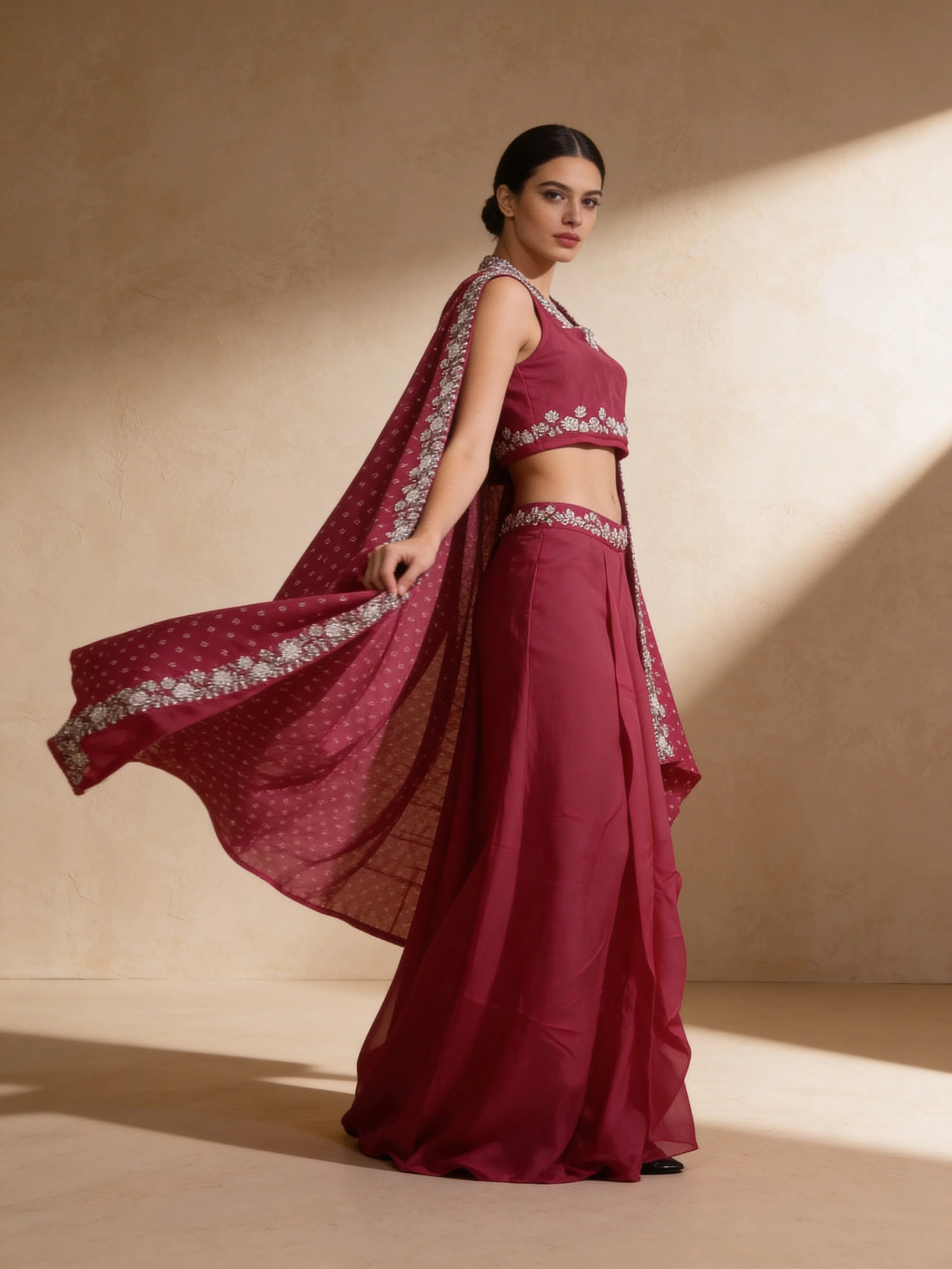 Rani Pink Embellished Georgette Silk Skirt Set - Image 2