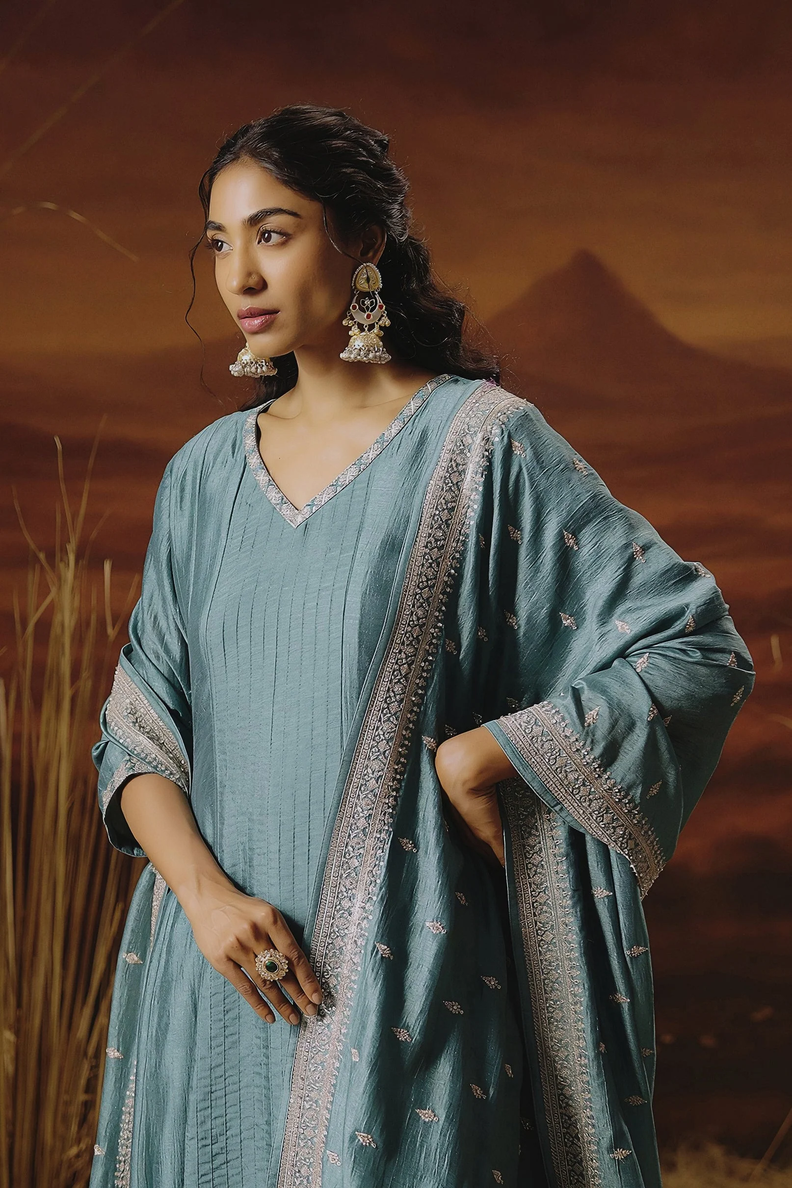 Slate Blue Embellished Premium Silk Pant Set - Image 4