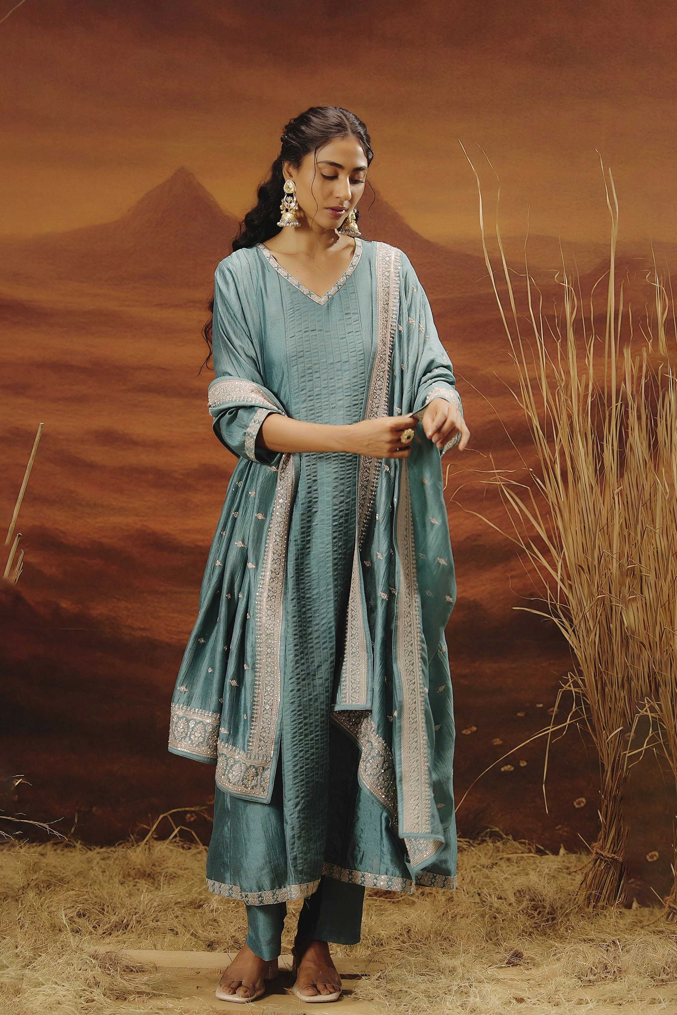 Slate Blue Embellished Premium Silk Pant Set - Image 5