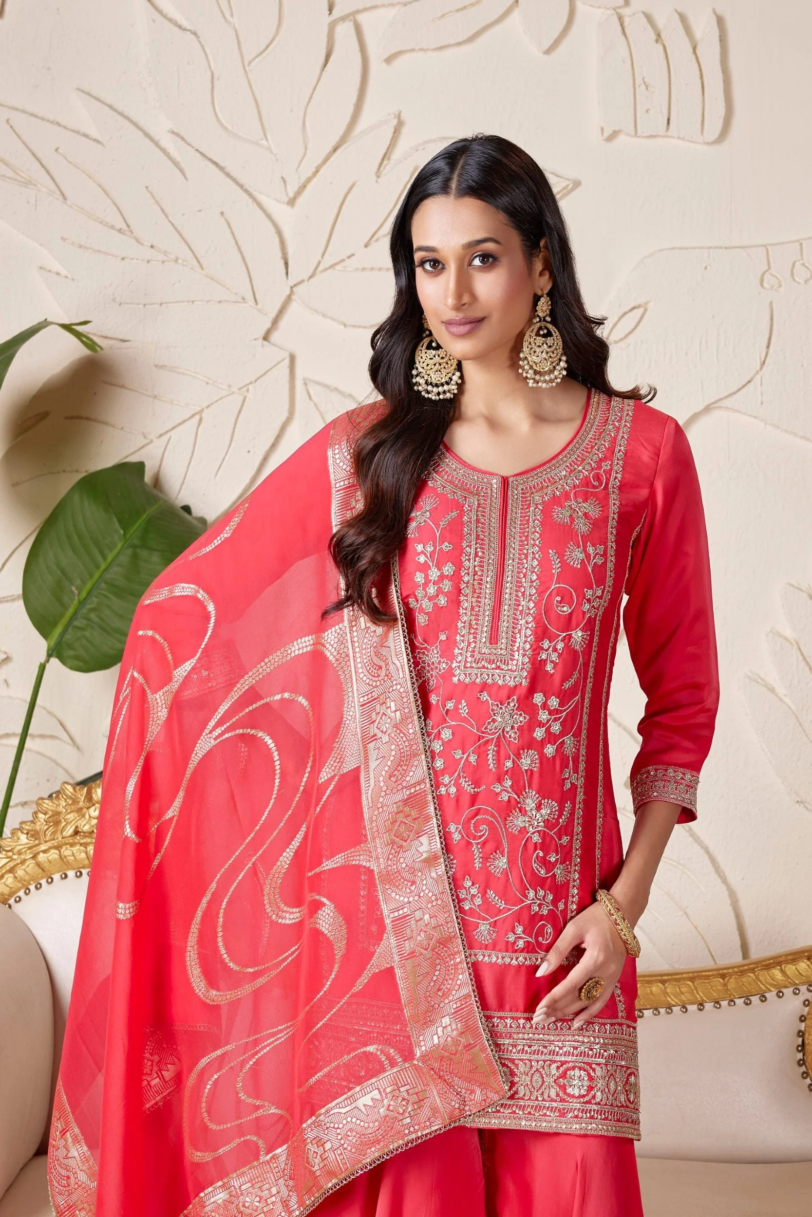 Coral Pink Embellished Premium Silk Sharara Set - Image 2