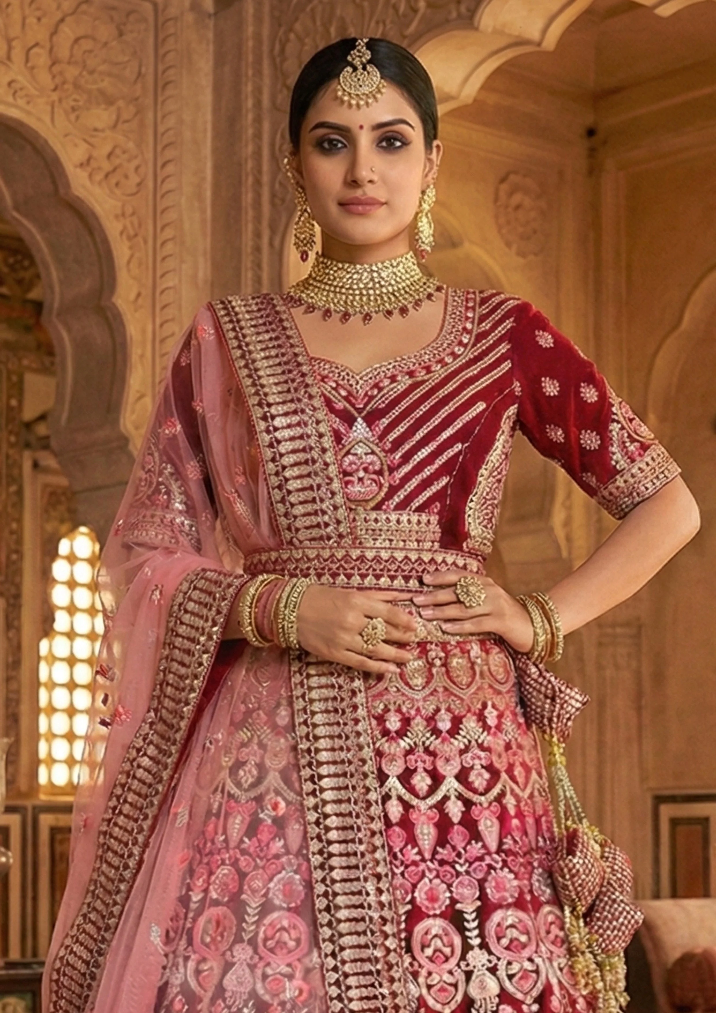 Rich Maroon Embellished Premium Velvet Lehenga Set - Image 2