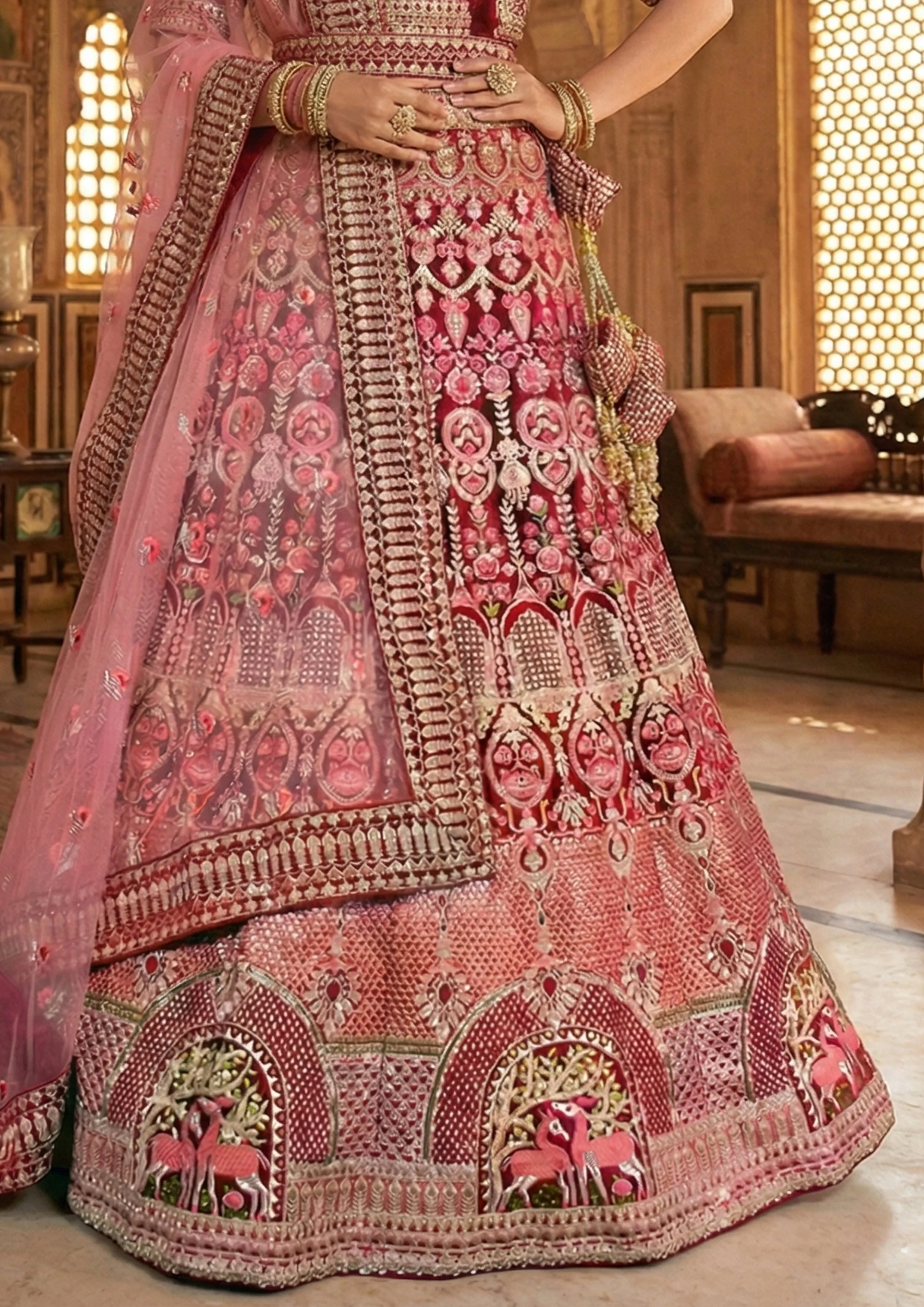 Rich Maroon Embellished Premium Velvet Lehenga Set - Image 3