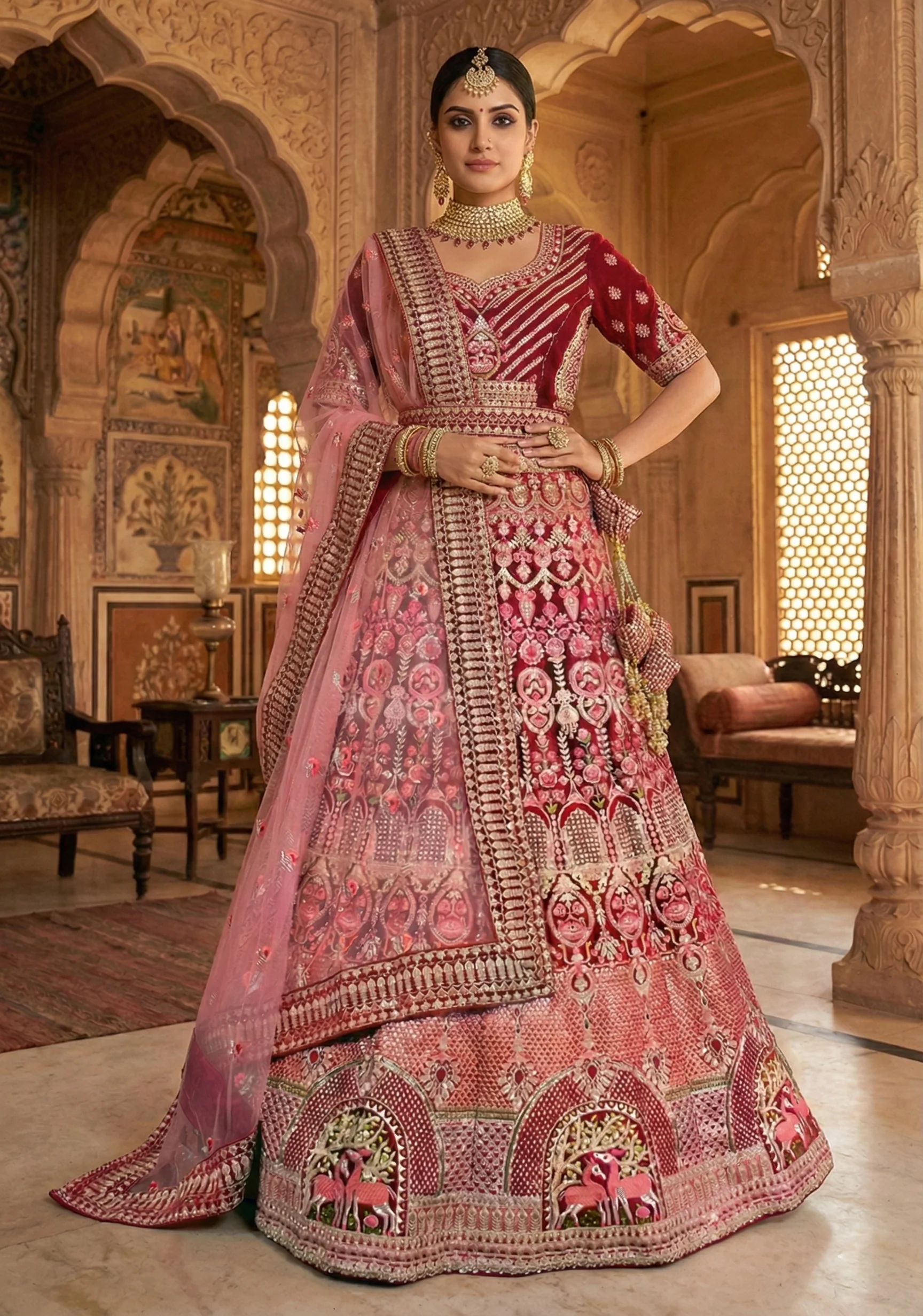 Rich Maroon Embellished Premium Velvet Lehenga Set - Image 4