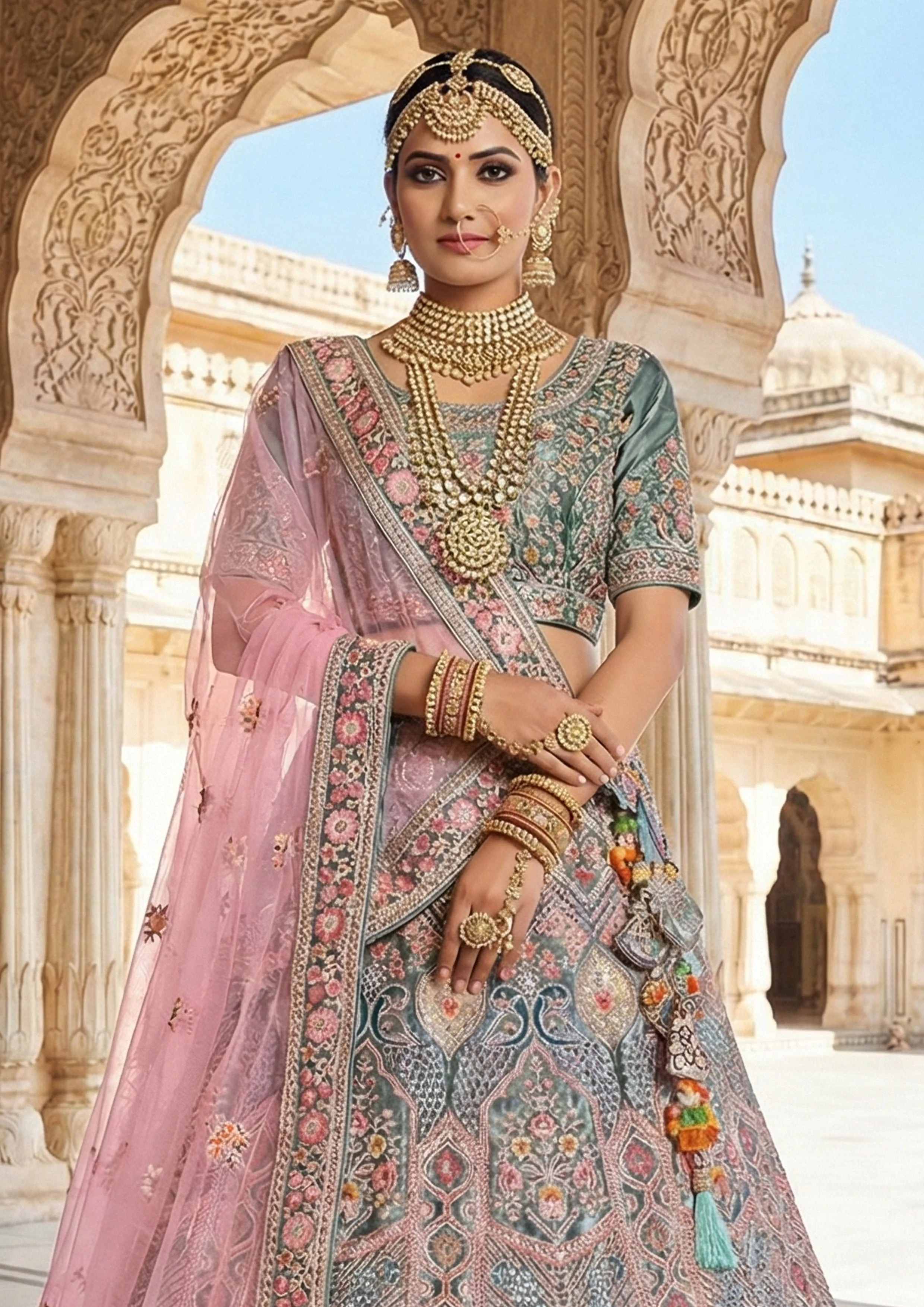Teal Blush Embellished Premium Velvet Lehenga Set - Image 2