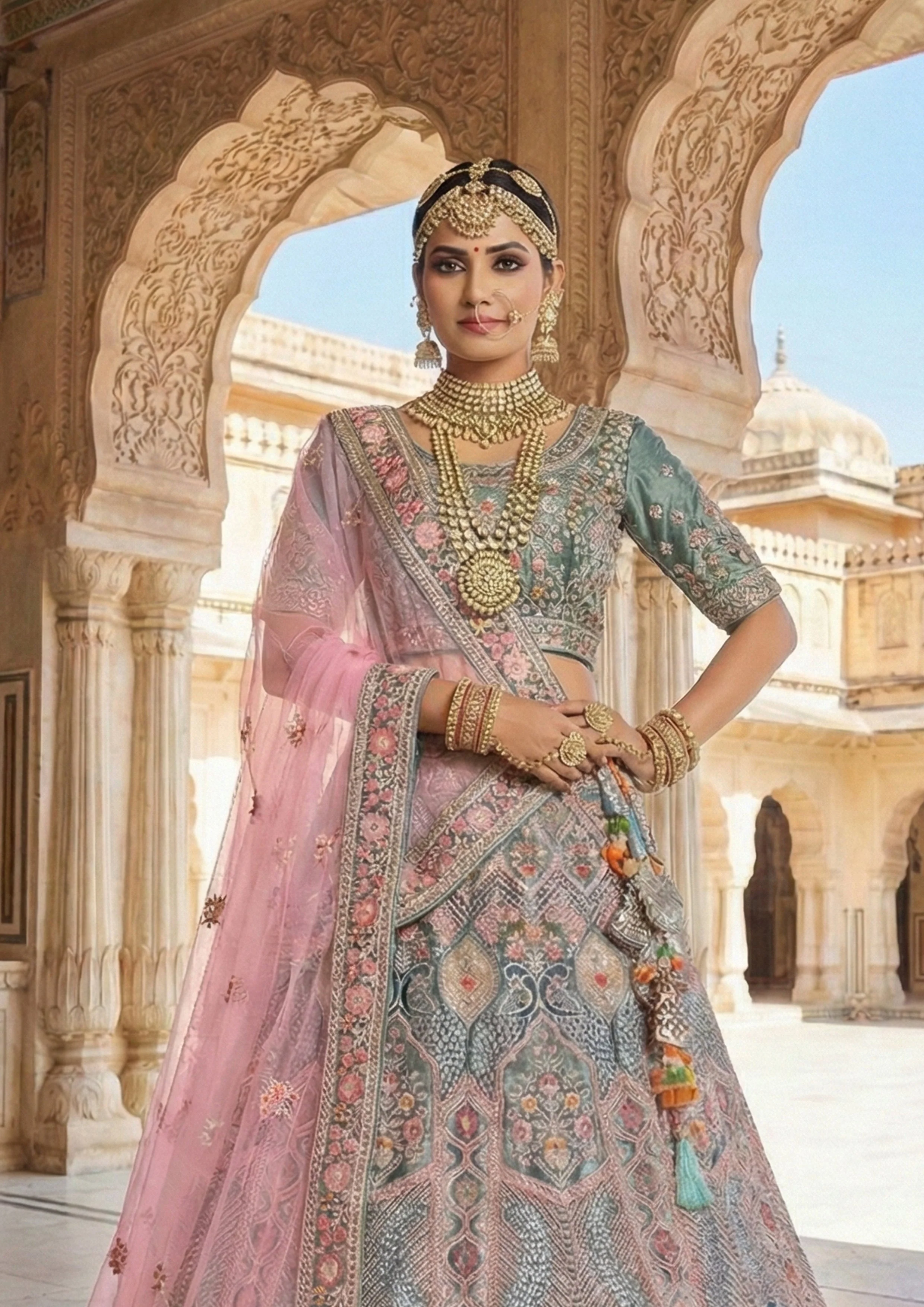 Teal Blush Embellished Premium Velvet Lehenga Set - Image 3