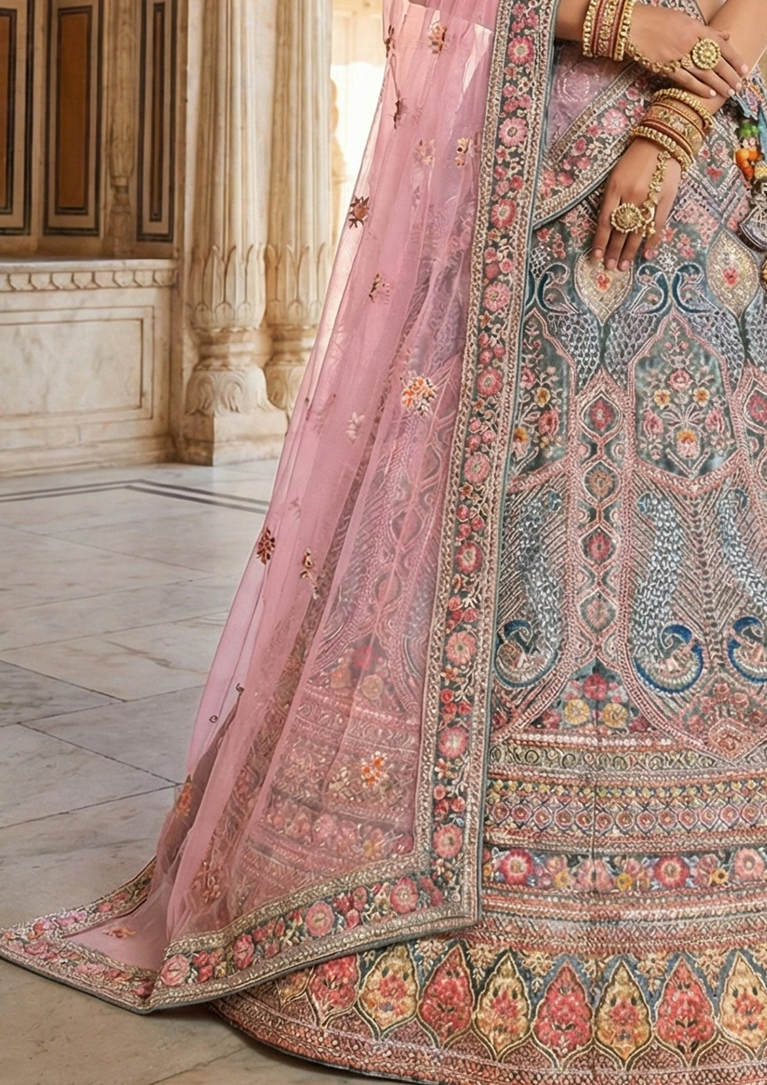 Teal Blush Embellished Premium Velvet Lehenga Set - Image 4