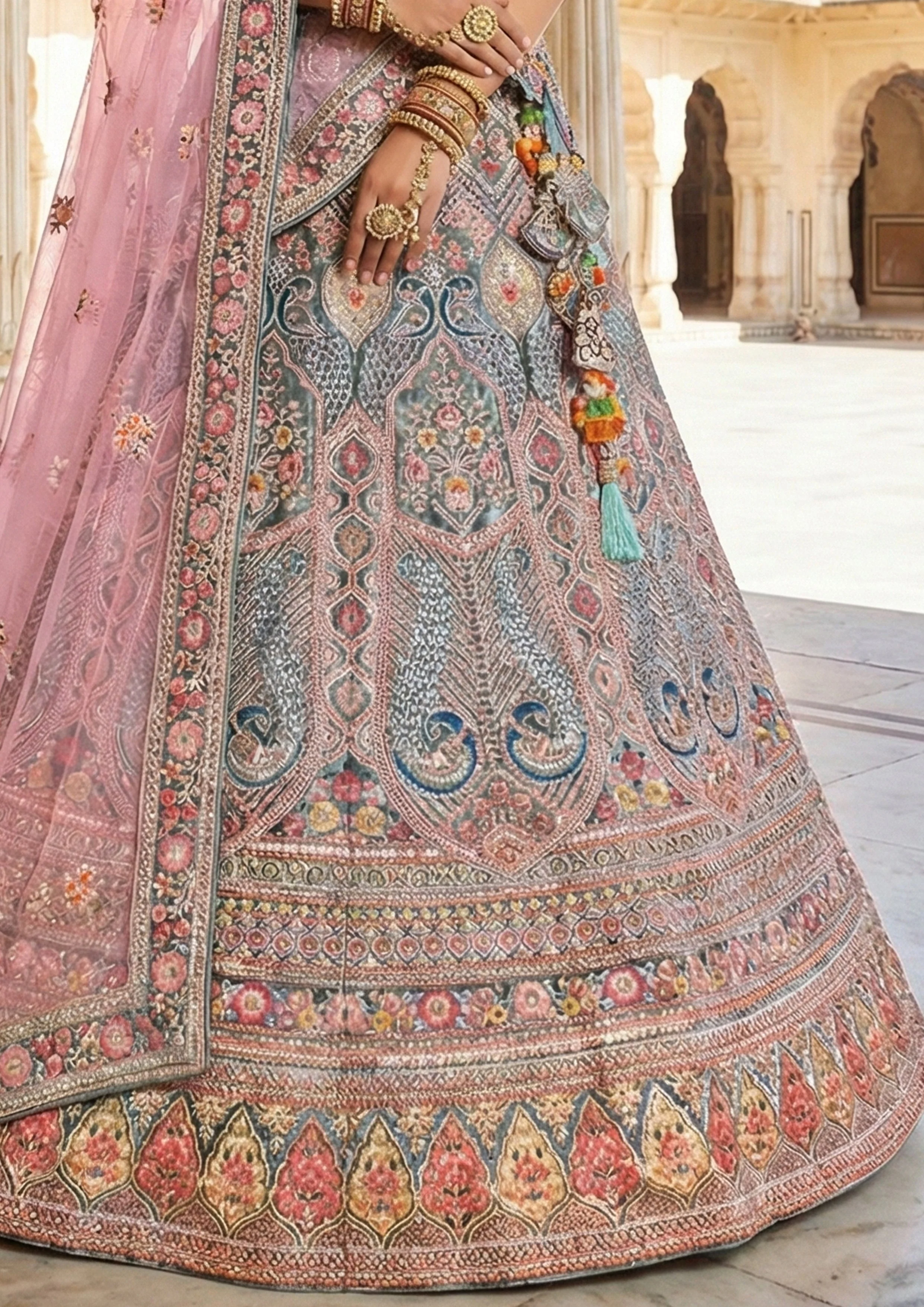 Teal Blush Embellished Premium Velvet Lehenga Set - Image 5