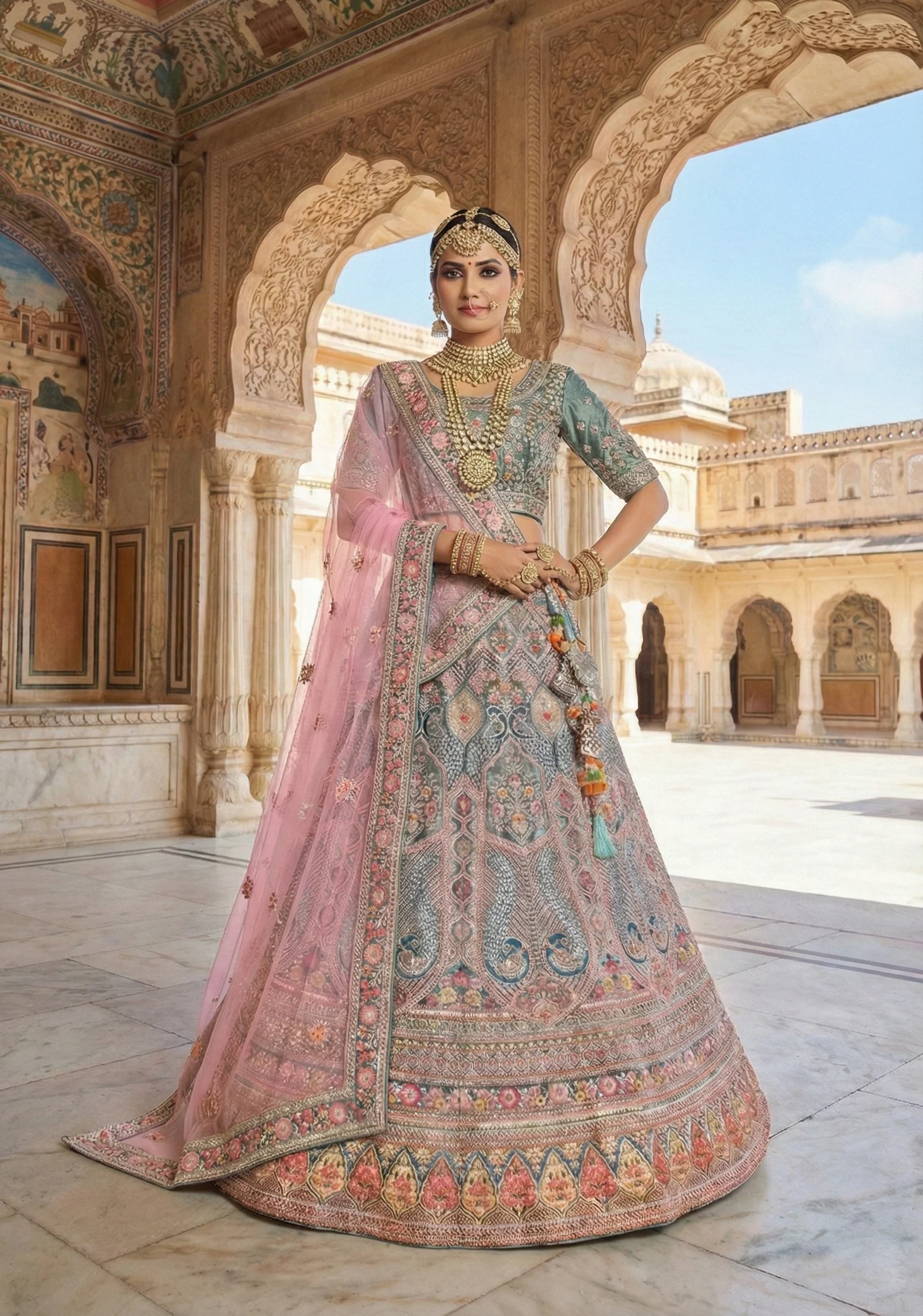 Teal Blush Embellished Premium Velvet Lehenga Set - Image 6