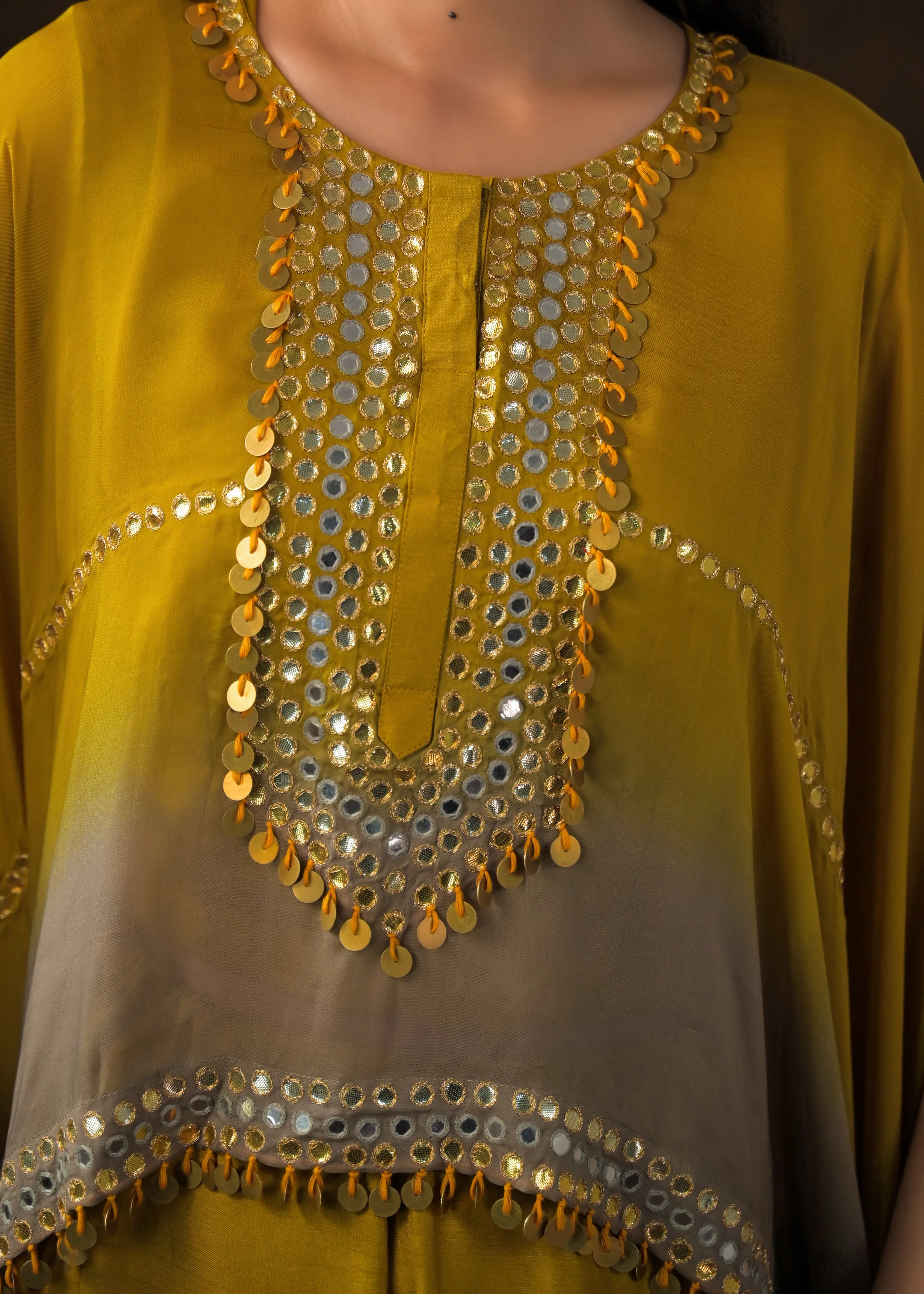 Mustard Ombre Embellished Raw Silk Cape Set - Image 2