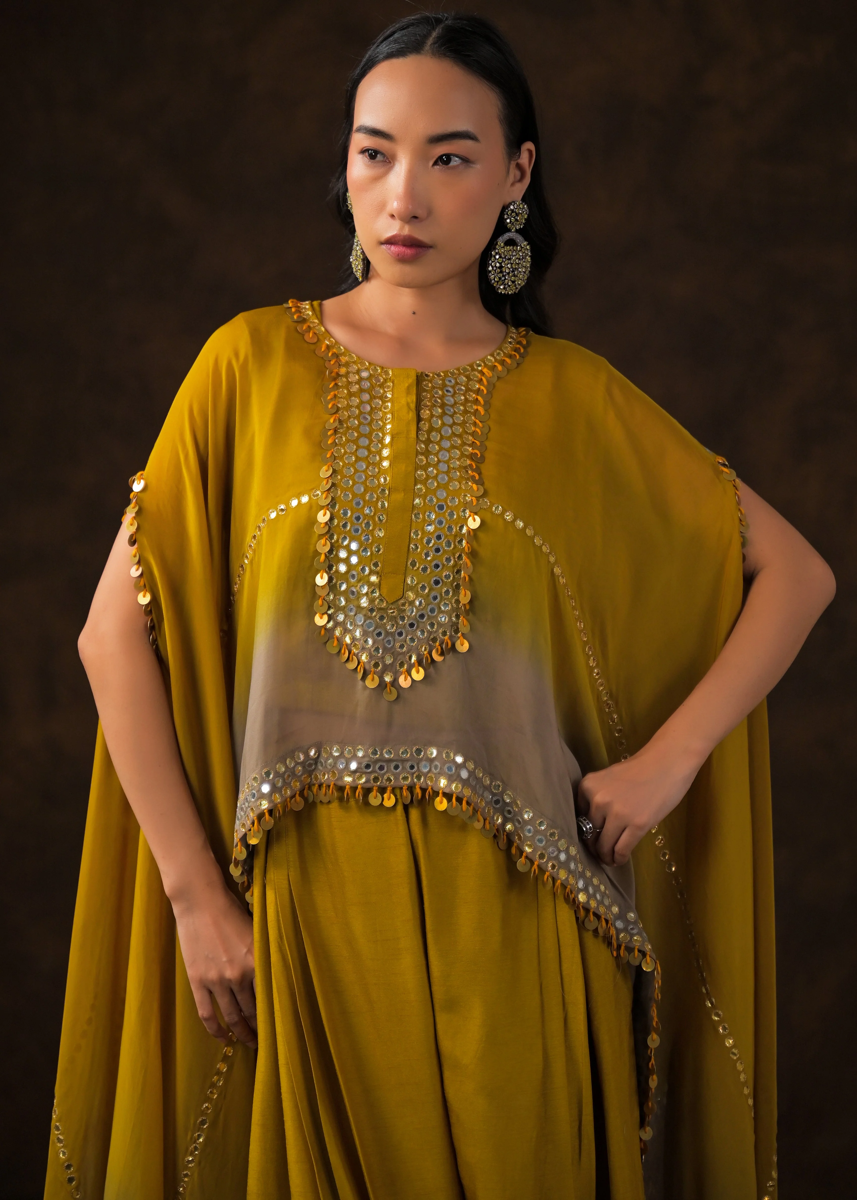 Mustard Ombre Embellished Raw Silk Cape Set - Image 3