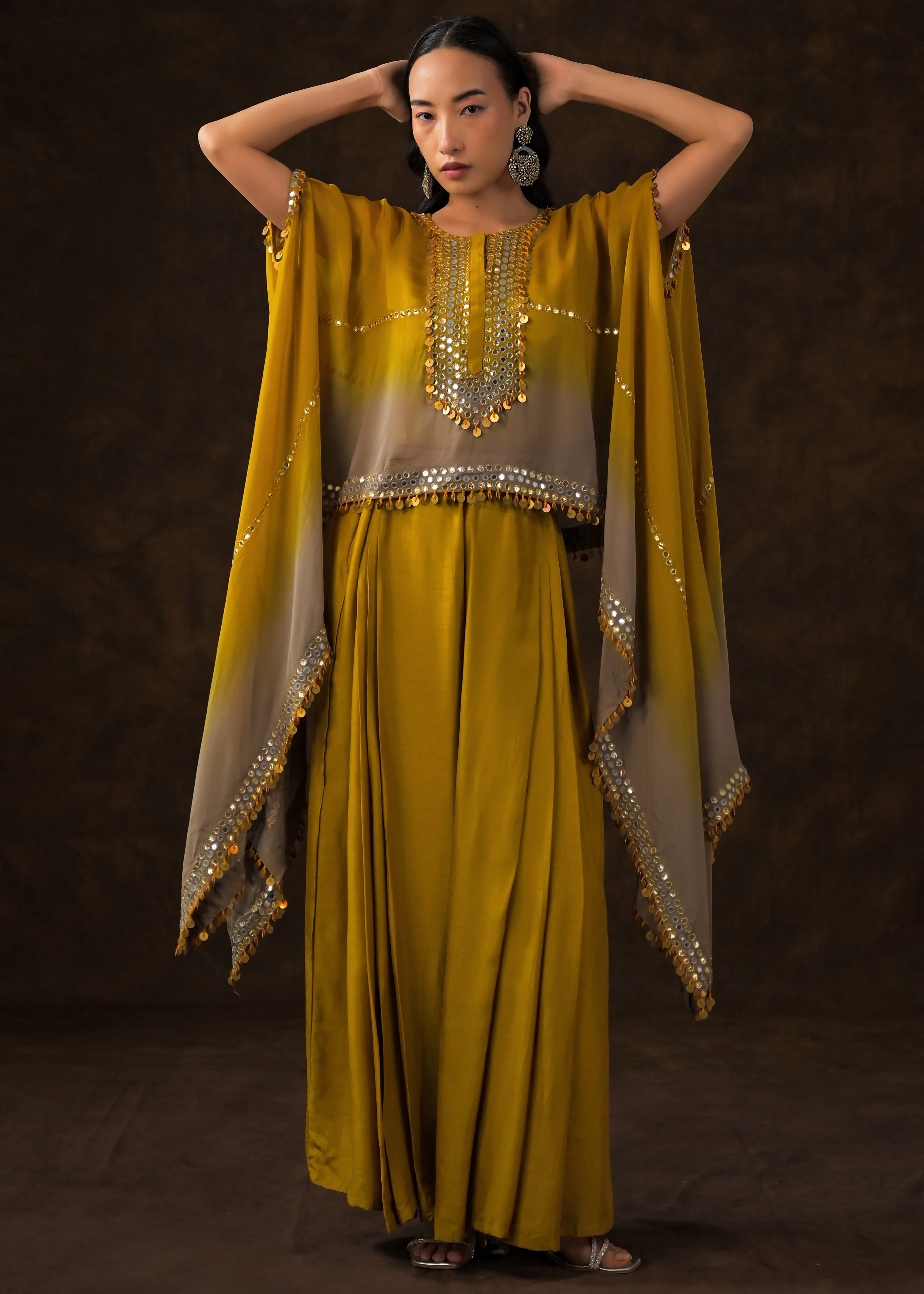 Mustard Ombre Embellished Raw Silk Cape Set - Image 4