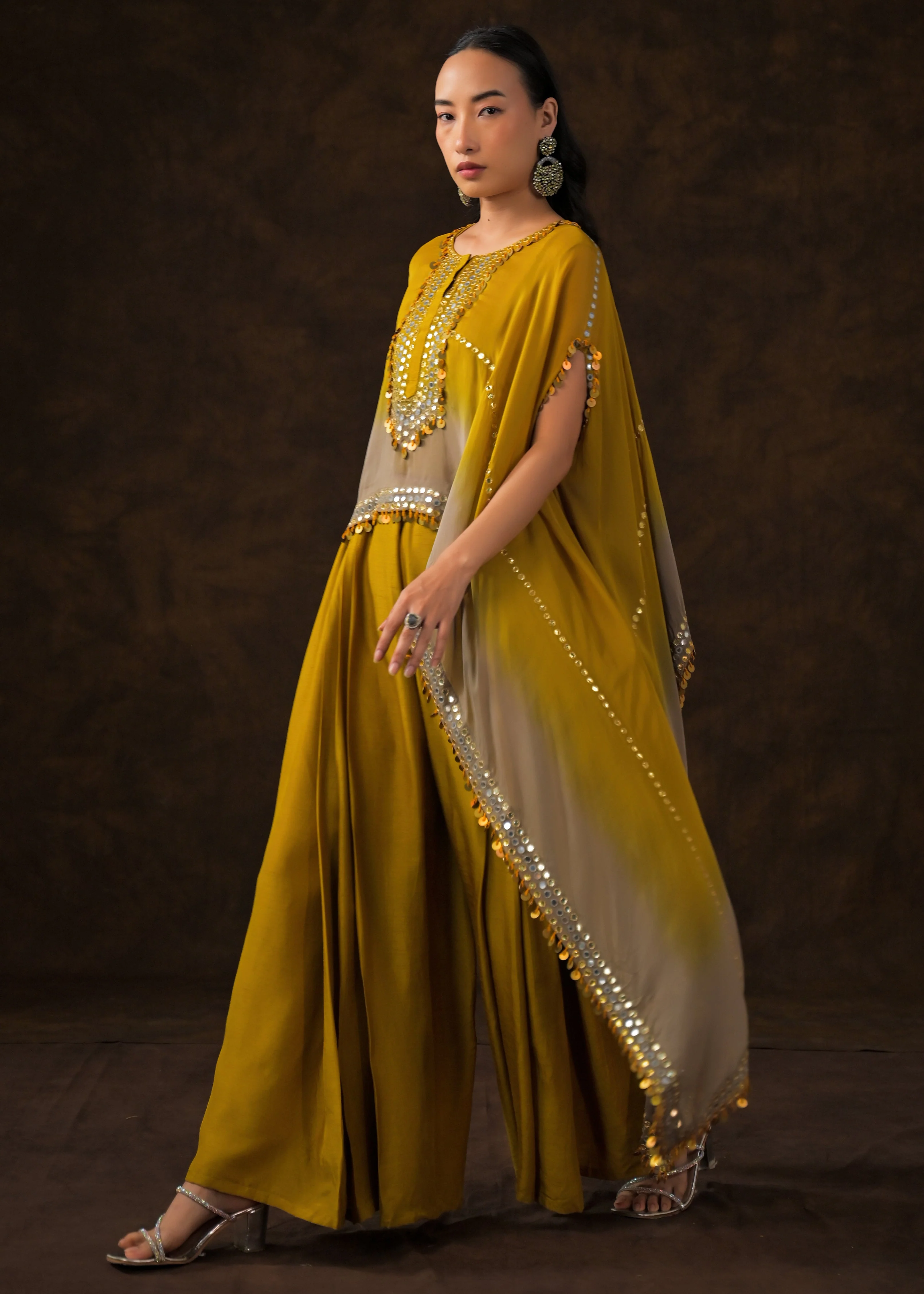 Mustard Ombre Embellished Raw Silk Cape Set - Image 5